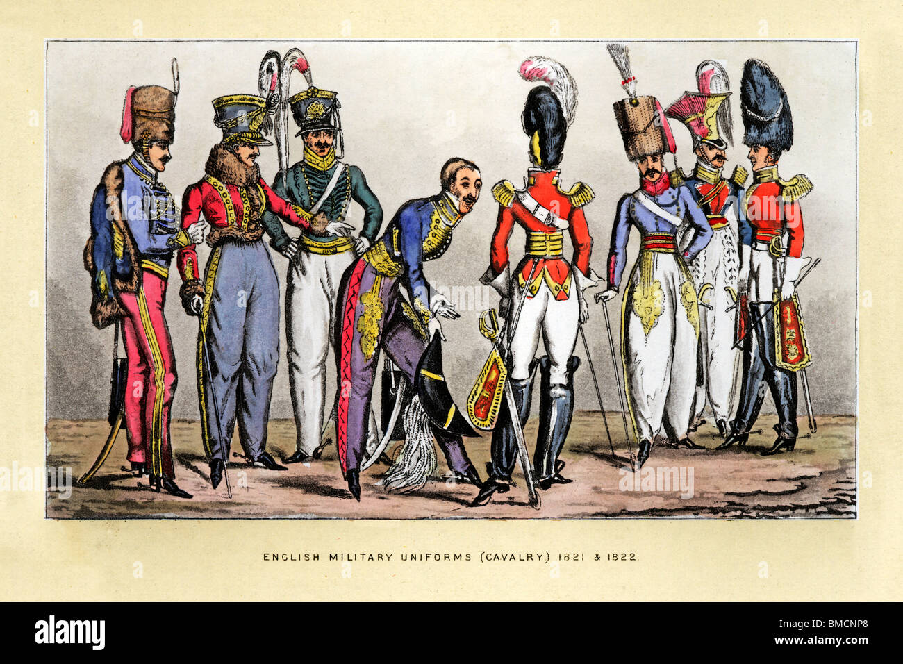 Inglese uniformi di cavalleria, 1822 stampa di fantasia uniformi di ufficiali sfilando il loro raffinatezze per ciascun altro Foto Stock