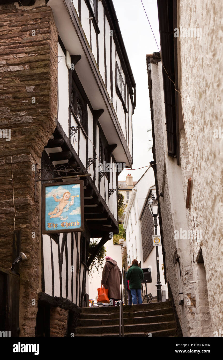 Regno Unito, Inghilterra, Devon, Dartmouth, struttura di legno, jettied, 1380 Cherubino Inn, la città più antica casa Foto Stock