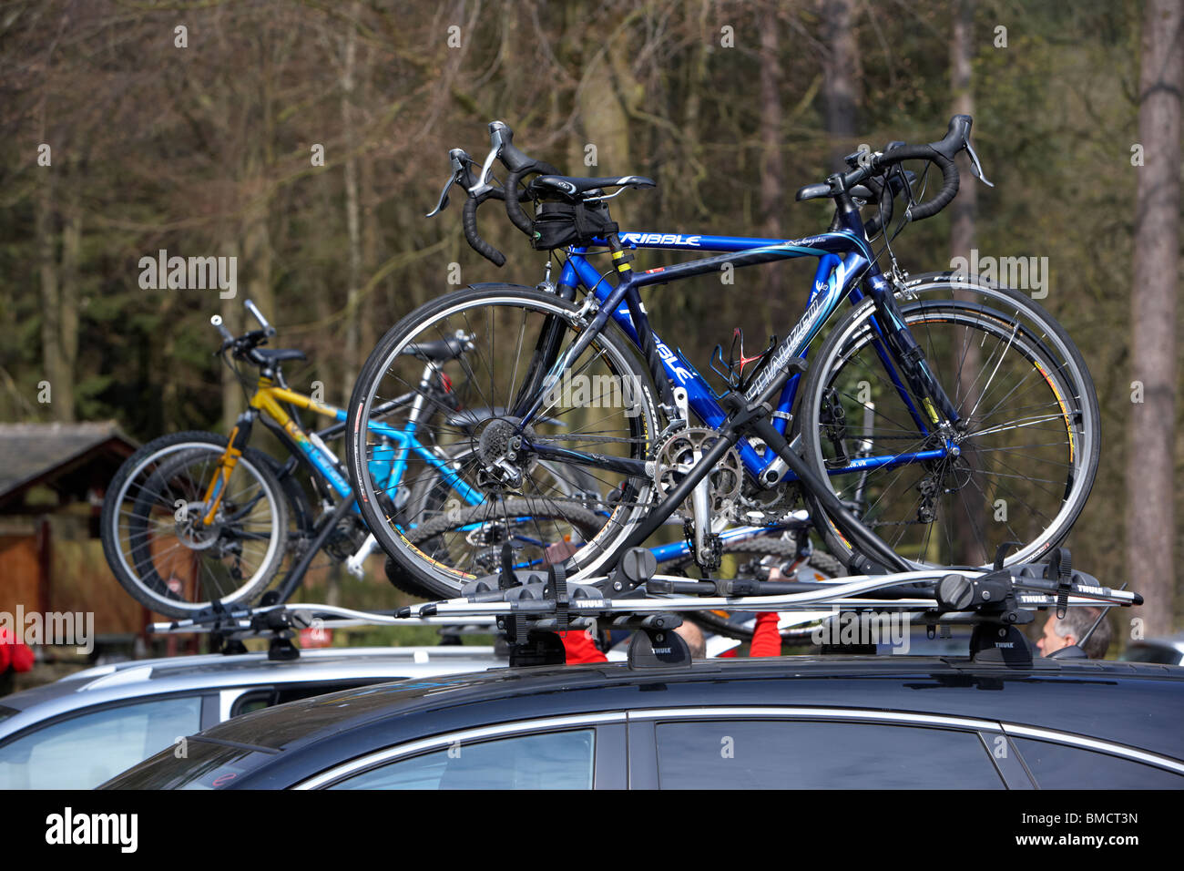 Racing touring bike su un portapacchi su una vettura in una foresta carpark derbyshire England Regno Unito Foto Stock