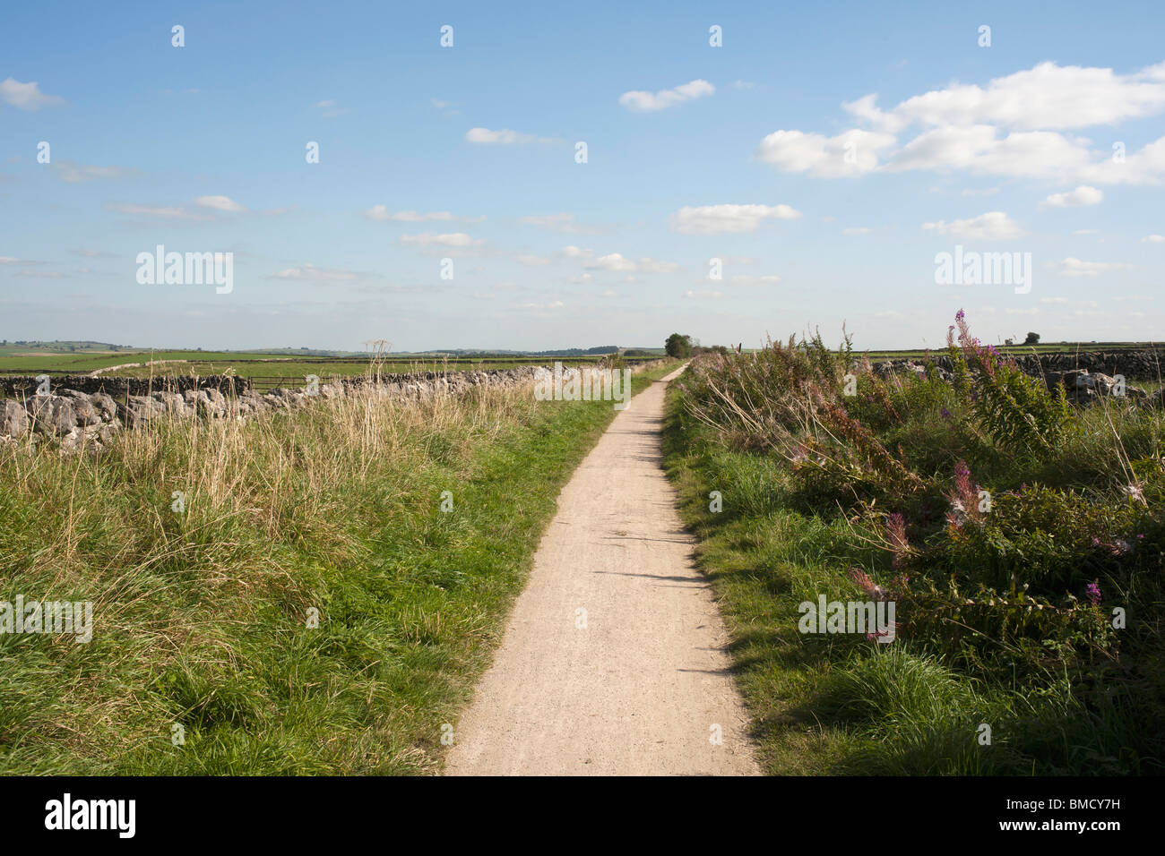 Vista dall'alto picco cycleway trail e il sentiero pedonale lungo in disuso la linea ferroviaria parco nazionale di Peak District derbyshire England Regno Unito Foto Stock