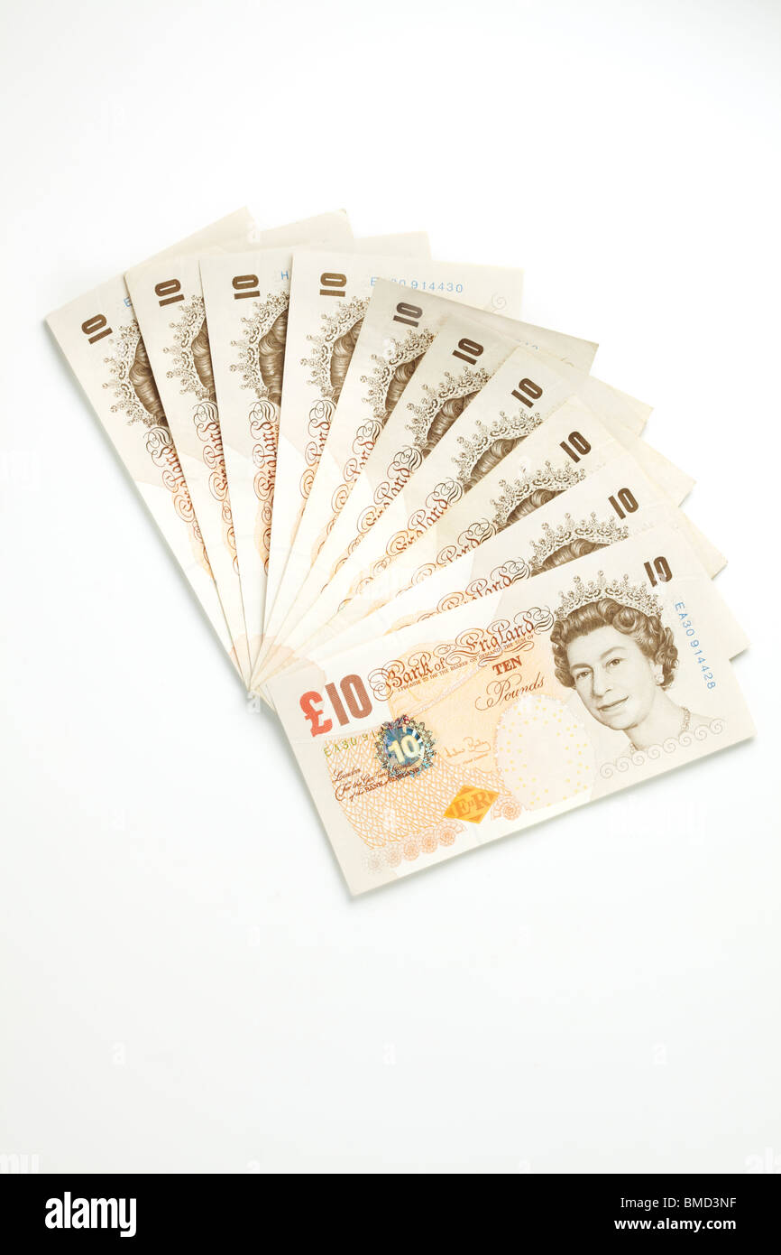 Un centinaio di chili in dieci Pound note Foto Stock