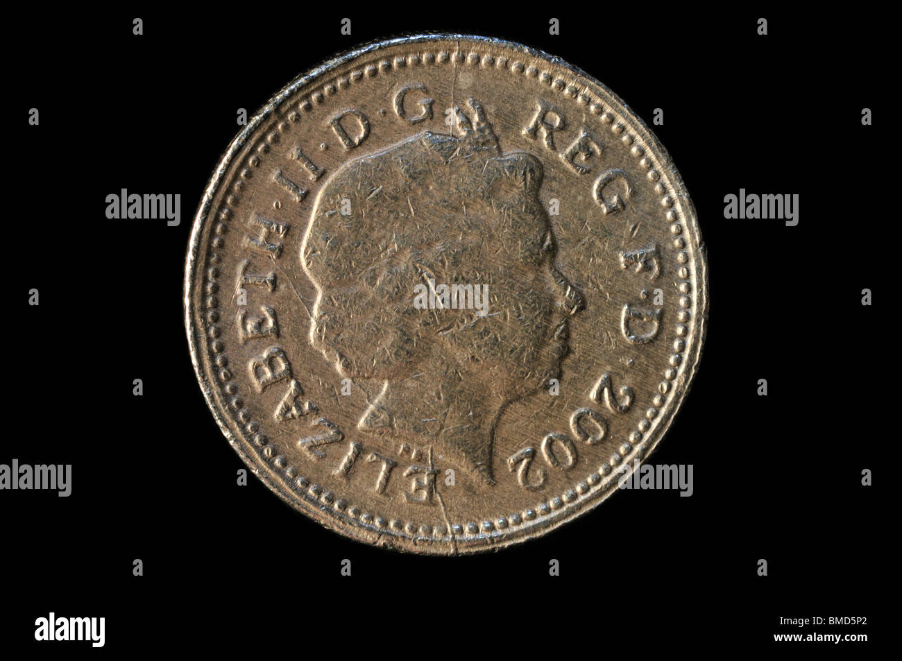 Fake UK 2002 una libbra di moneta complementare che mostra un terzo ritratto con difetti evidenti 1/2 Foto Stock