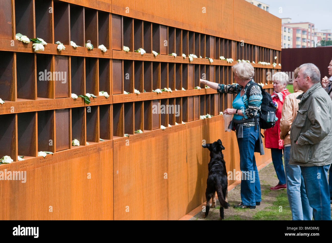 Parete con le foto delle vittime al Memoriale del Muro di Berlino in Bernauer Strasse, Berlino, Germania Foto Stock