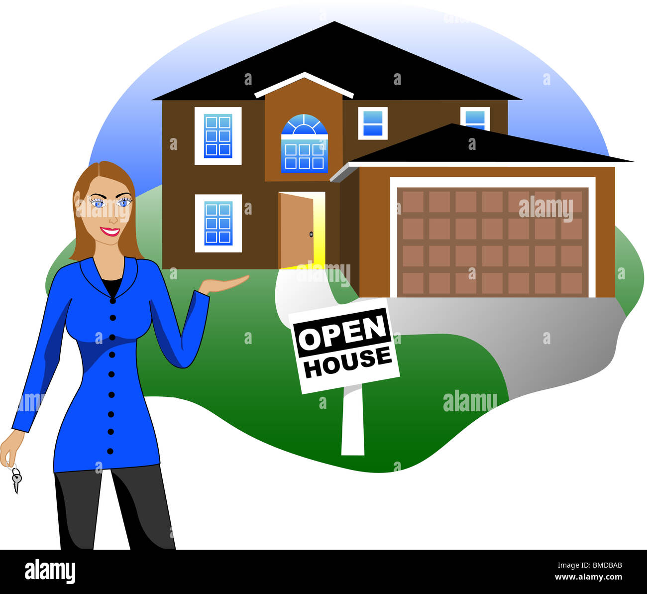 Immagine raster. Un agente immobiliare con chiavi pubblicità un open house la visualizzazione. La versione 4 di 6. Foto Stock