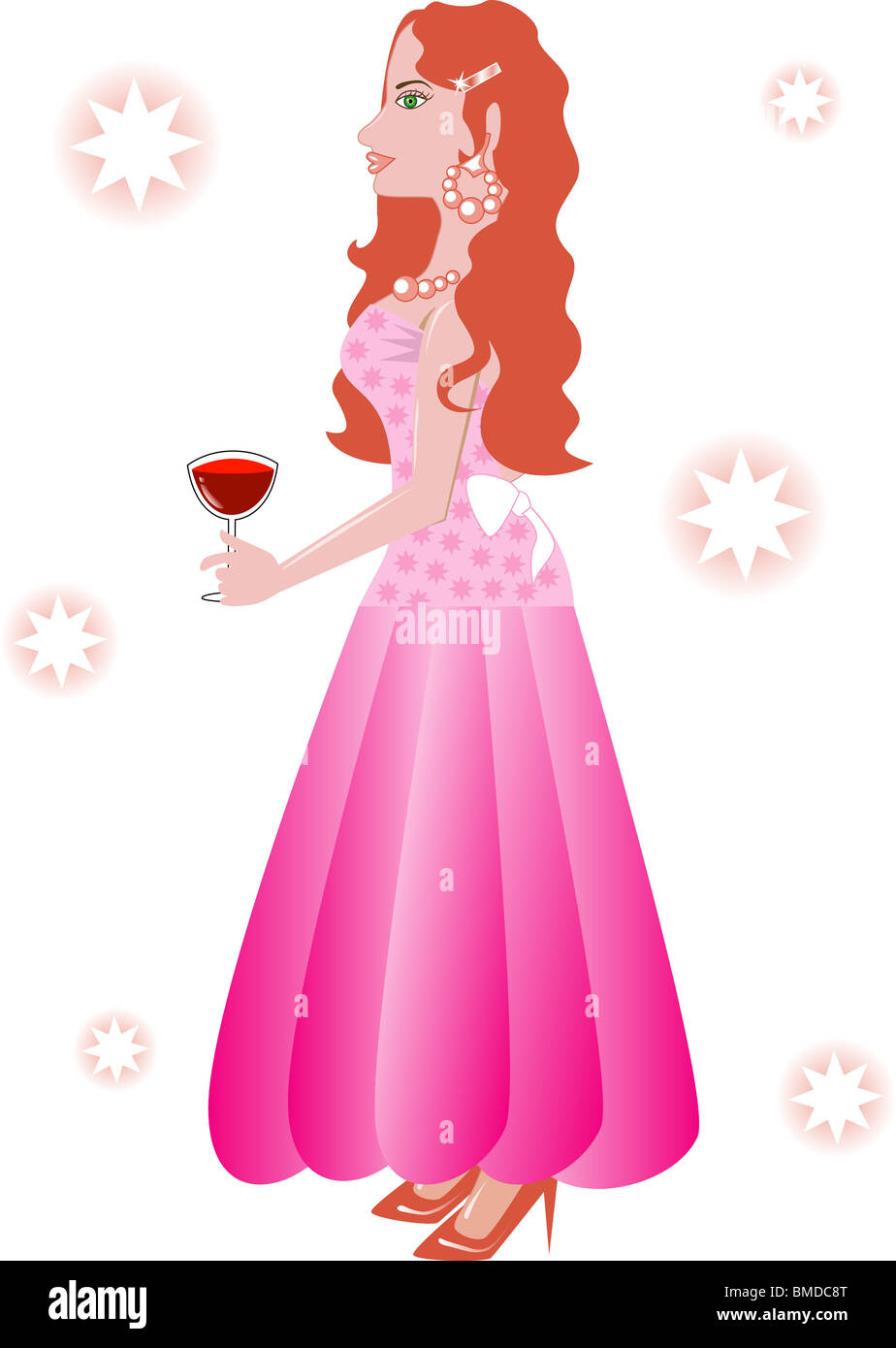 Illustrazione raster di abito formale 2. Una donna con in mano un bicchiere di vino. Foto Stock