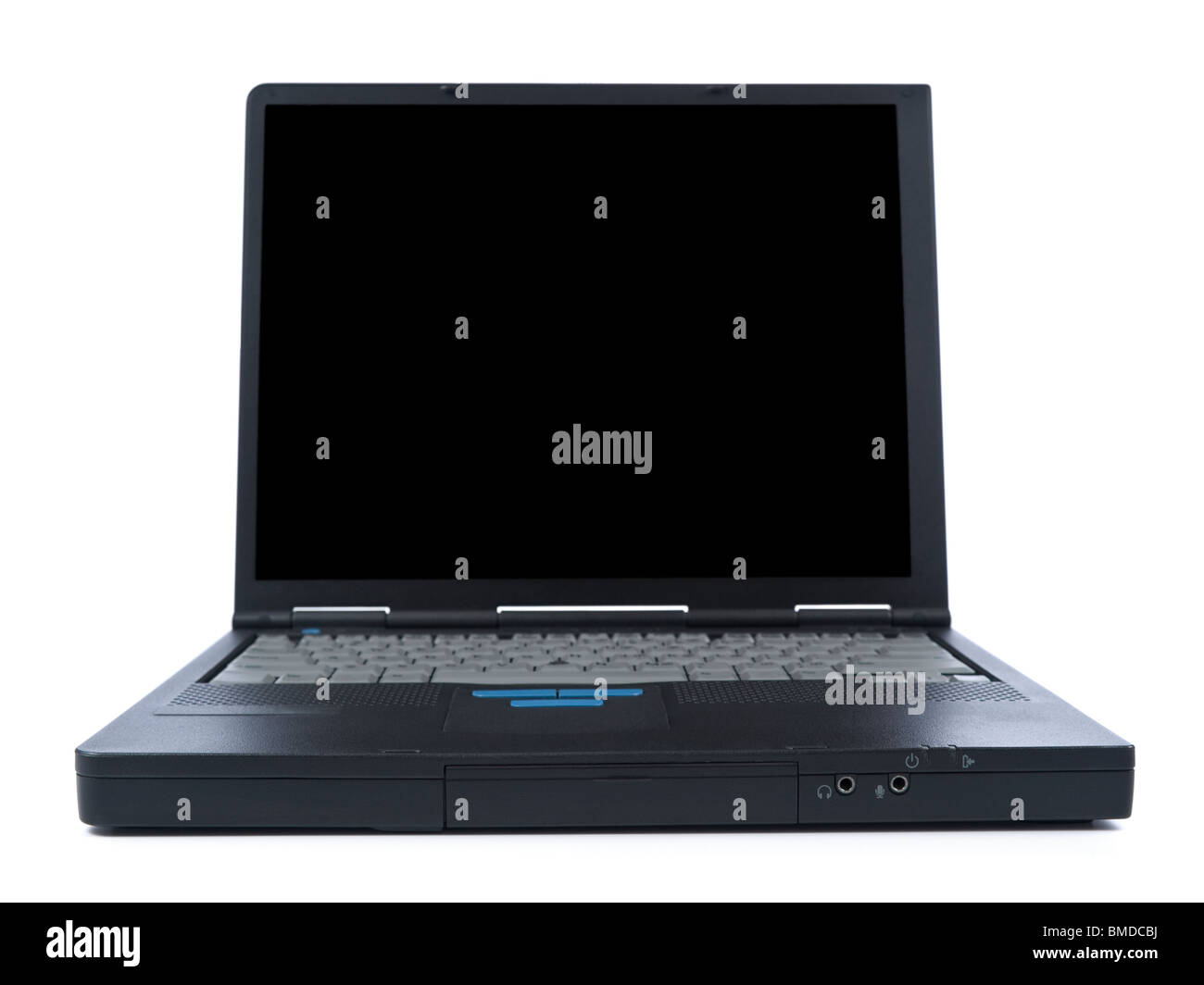 Un notebook nero isolate su sfondo bianco. Foto Stock