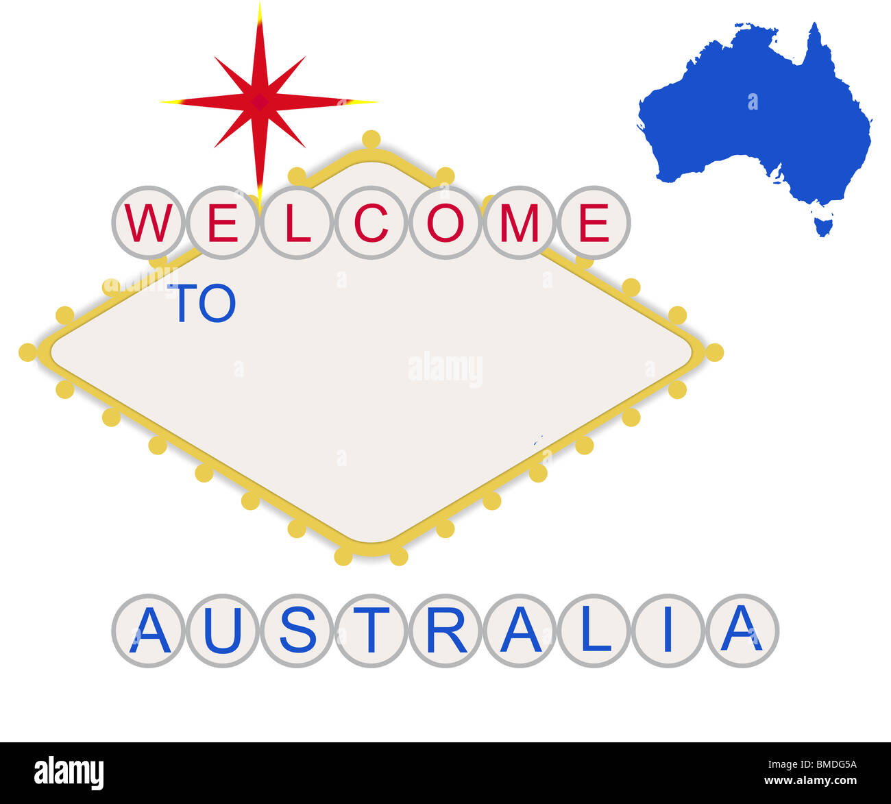 Benvenuto a Australia segno nello stile del famoso favolosa Las Vegas segno con mappa e testo, isolati su sfondo bianco. Foto Stock