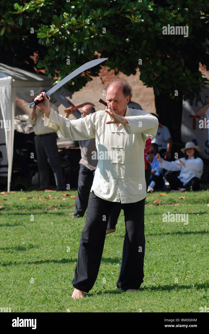 Tai Chi pratica la spada nel parco Foto Stock