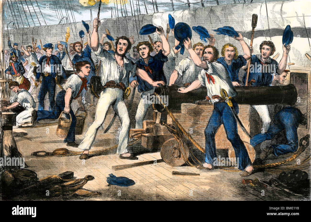 Ponte della fregata noi 'Costituzione' impegnati in battaglia con British 'Guerriere,' la guerra del 1812. Colorate a mano la xilografia Foto Stock