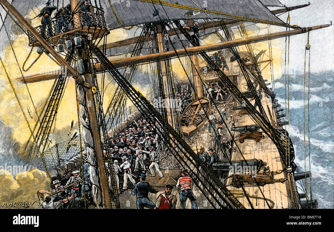 Deckhands in azione sulla USS "Costituzione" contro "Le Levant" e Cyane,' la guerra del 1812. Colorate a mano la xilografia Foto Stock