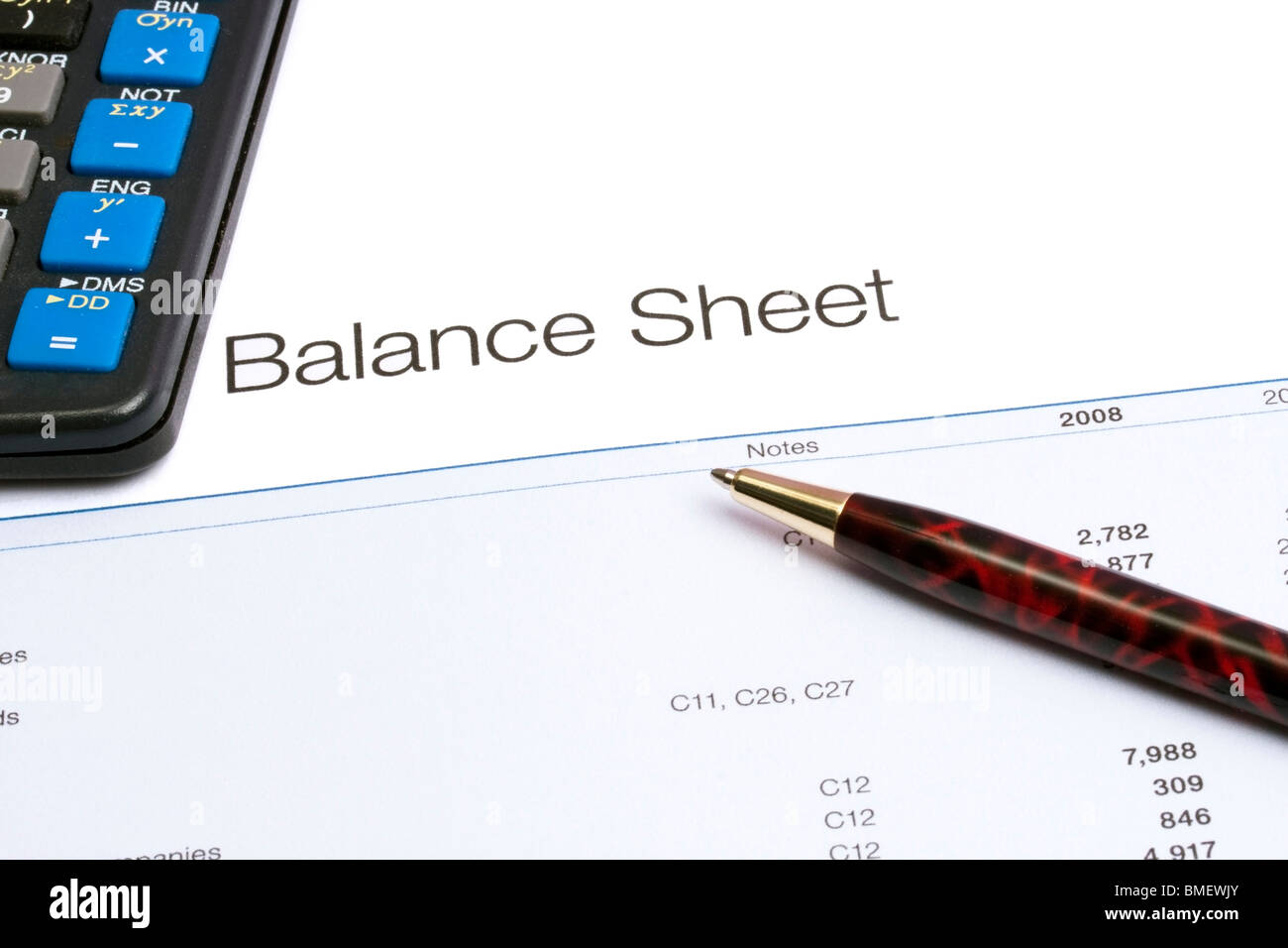 Primo piano di una relazione finanziaria, una penna e una calcolatrice. Foto Stock