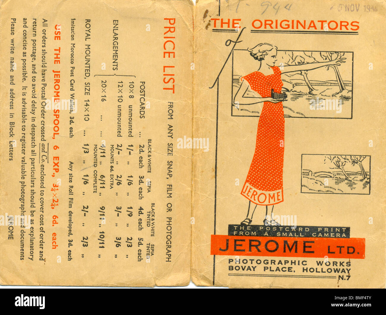 Photo Wallet da Jerome Ltd la data stampata 20 Novembre 1935 Foto Stock