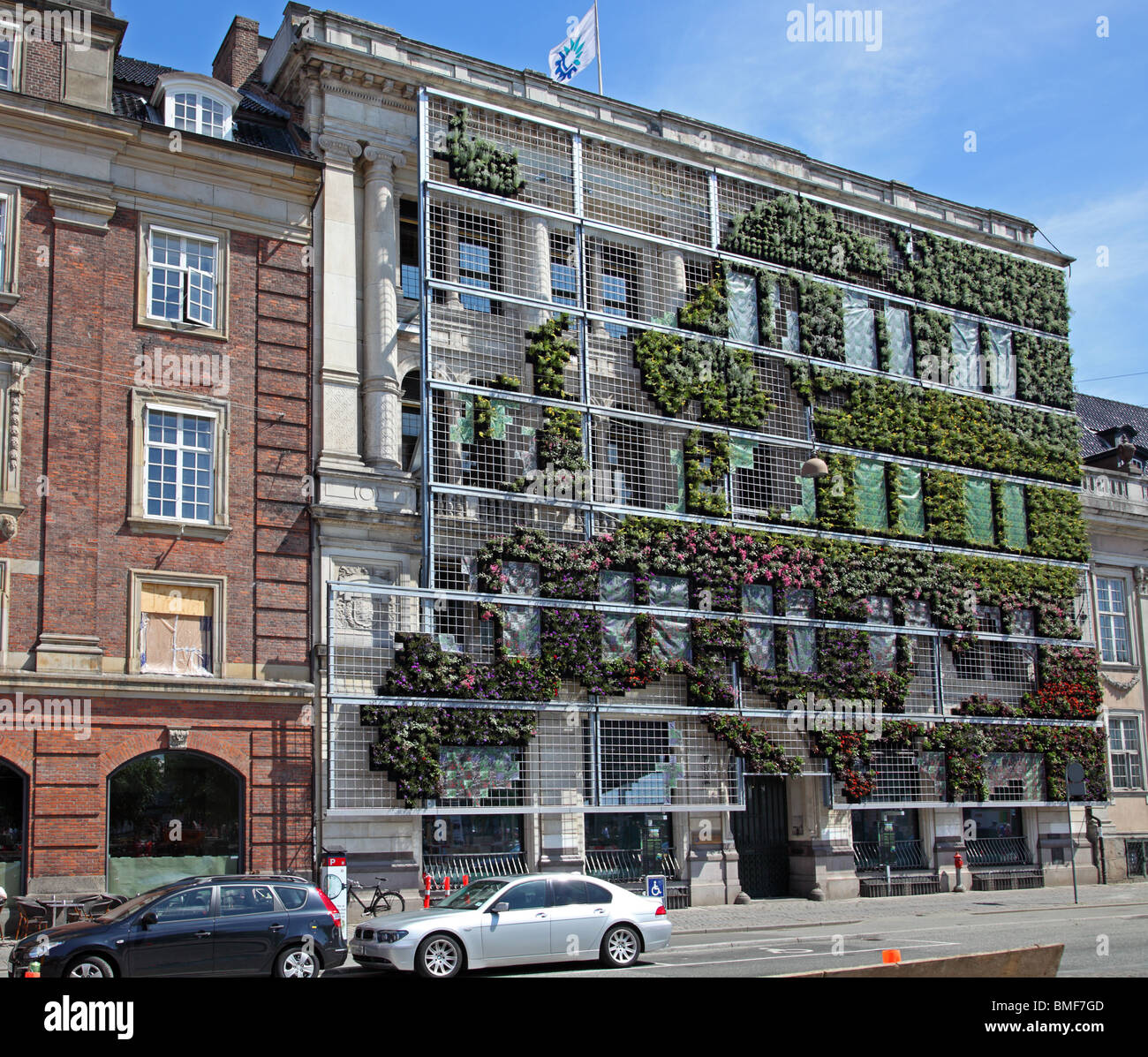 La facciata verde dell'Agenzia europea dell'ambiente di Copenhagen è la fioritura di quattordici giorni dopo l'inaugurazione. Foto Stock