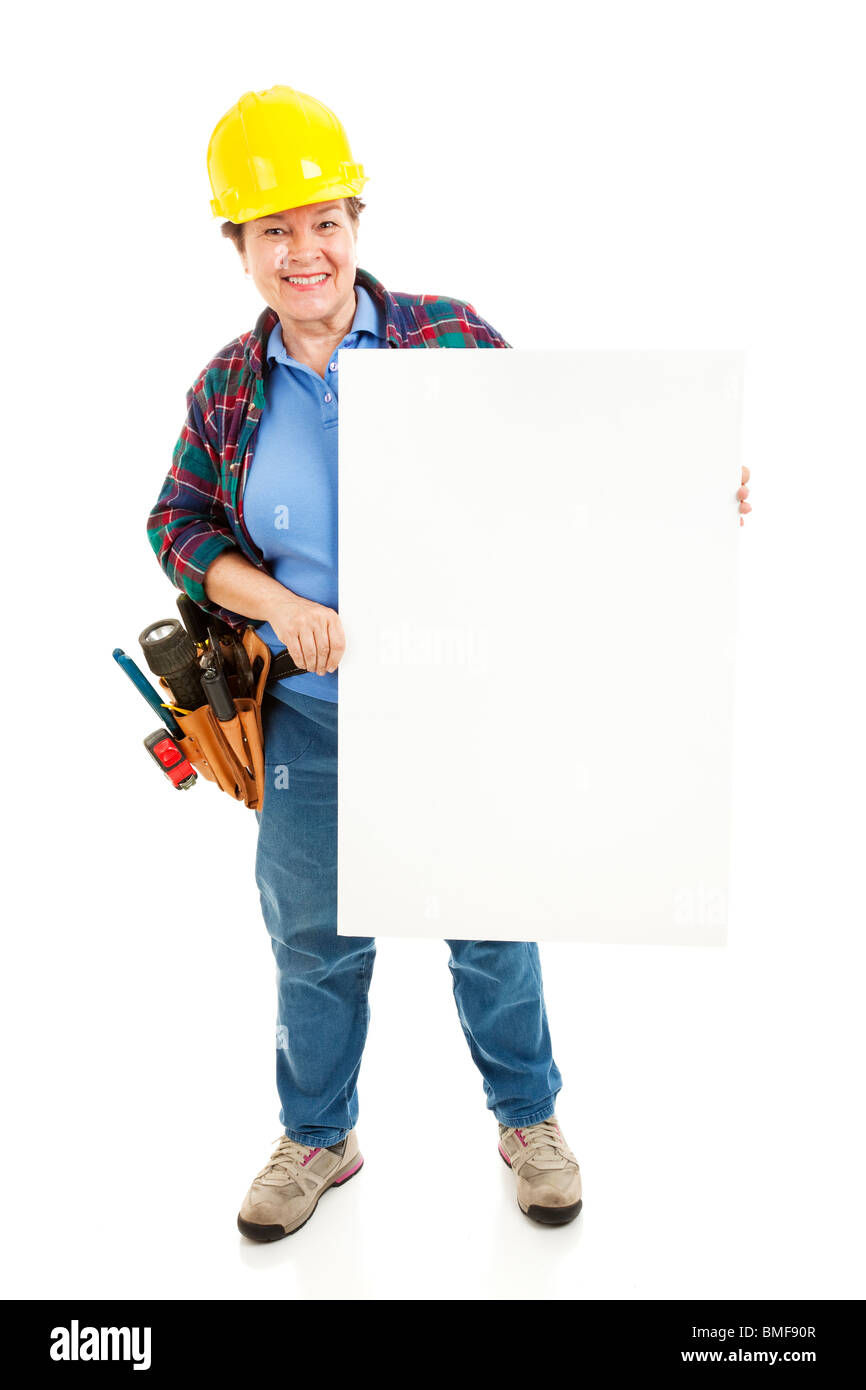 Costruzione femmina lavoratore azienda vuoto segno, pronto per il testo. Isolato su bianco, corpo pieno. Foto Stock
