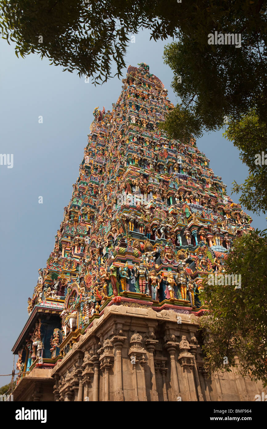 India, nello Stato del Tamil Nadu, Madurai, Sri Meenakshi Temple, restaurato recentemente colorato gopuram ovest Foto Stock