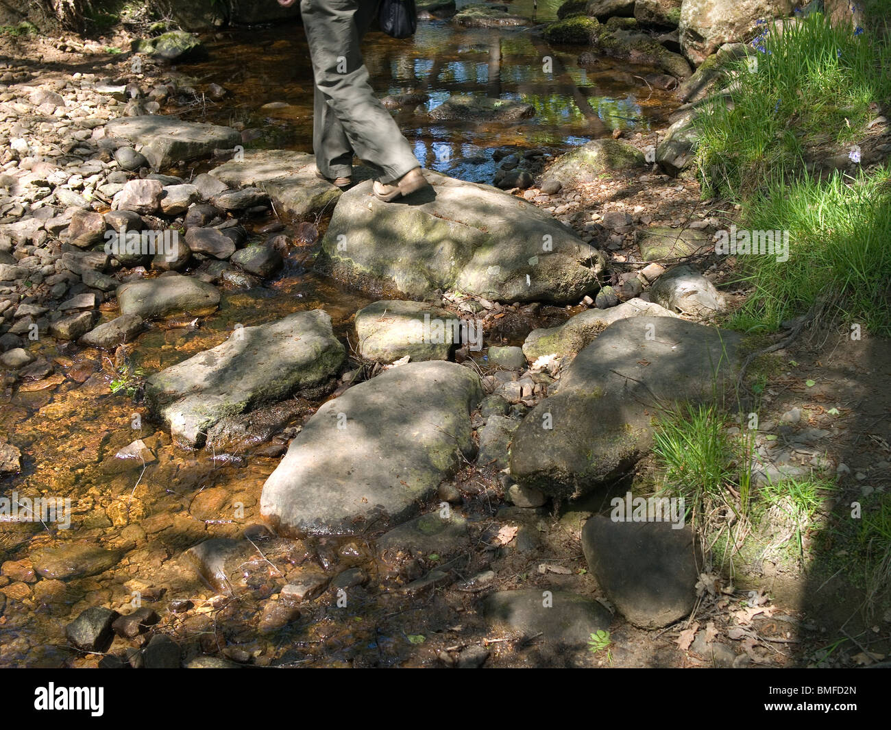 Una donna cammina oltre il semplice rock pietre miliari nel corso di un piccolo ruscello o beck nel North Yorkshire Moors National Park Foto Stock