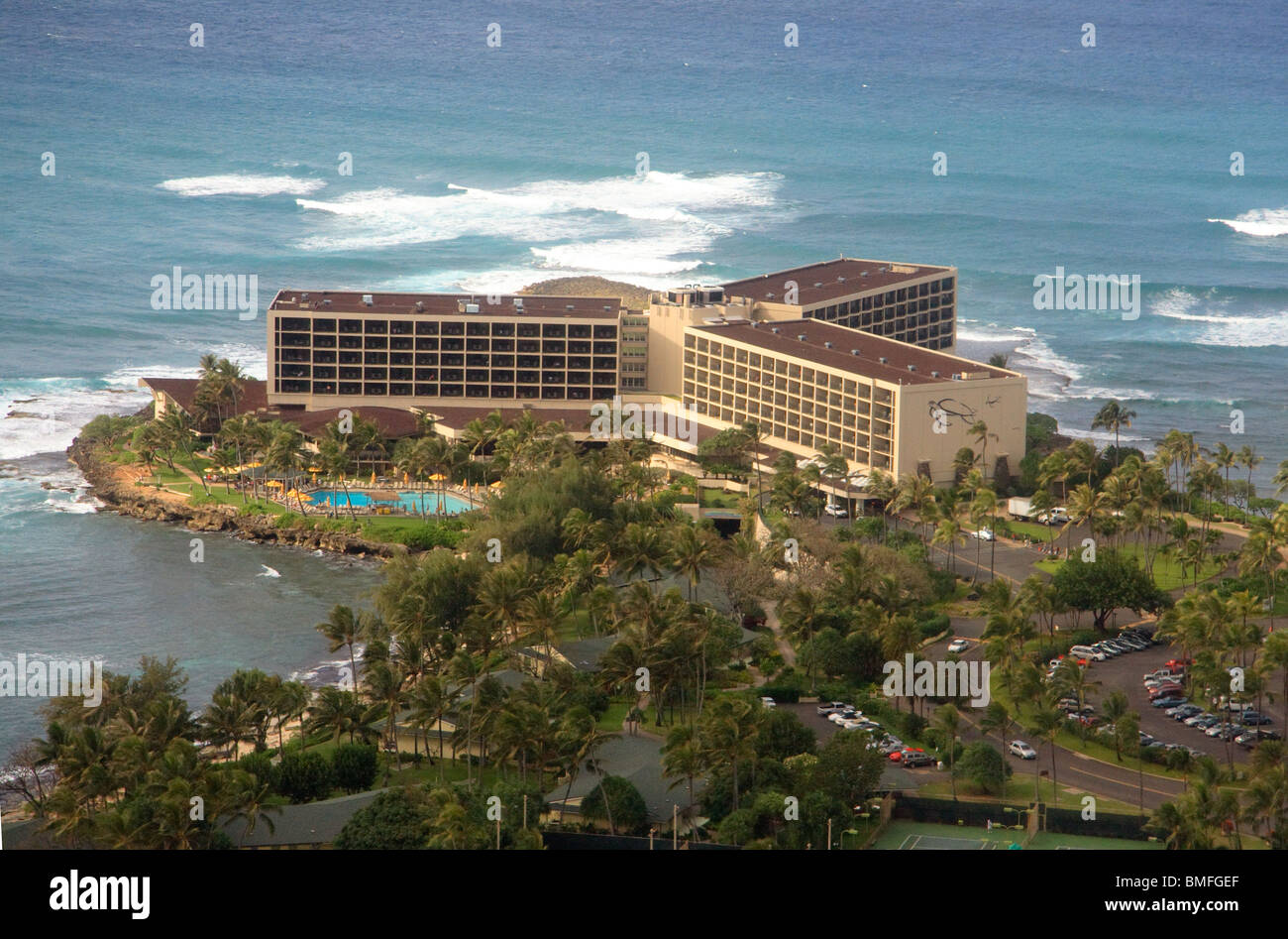 Vista aerea del Turtle Bay Resort, North Shore Oahu, Hawaii Foto Stock