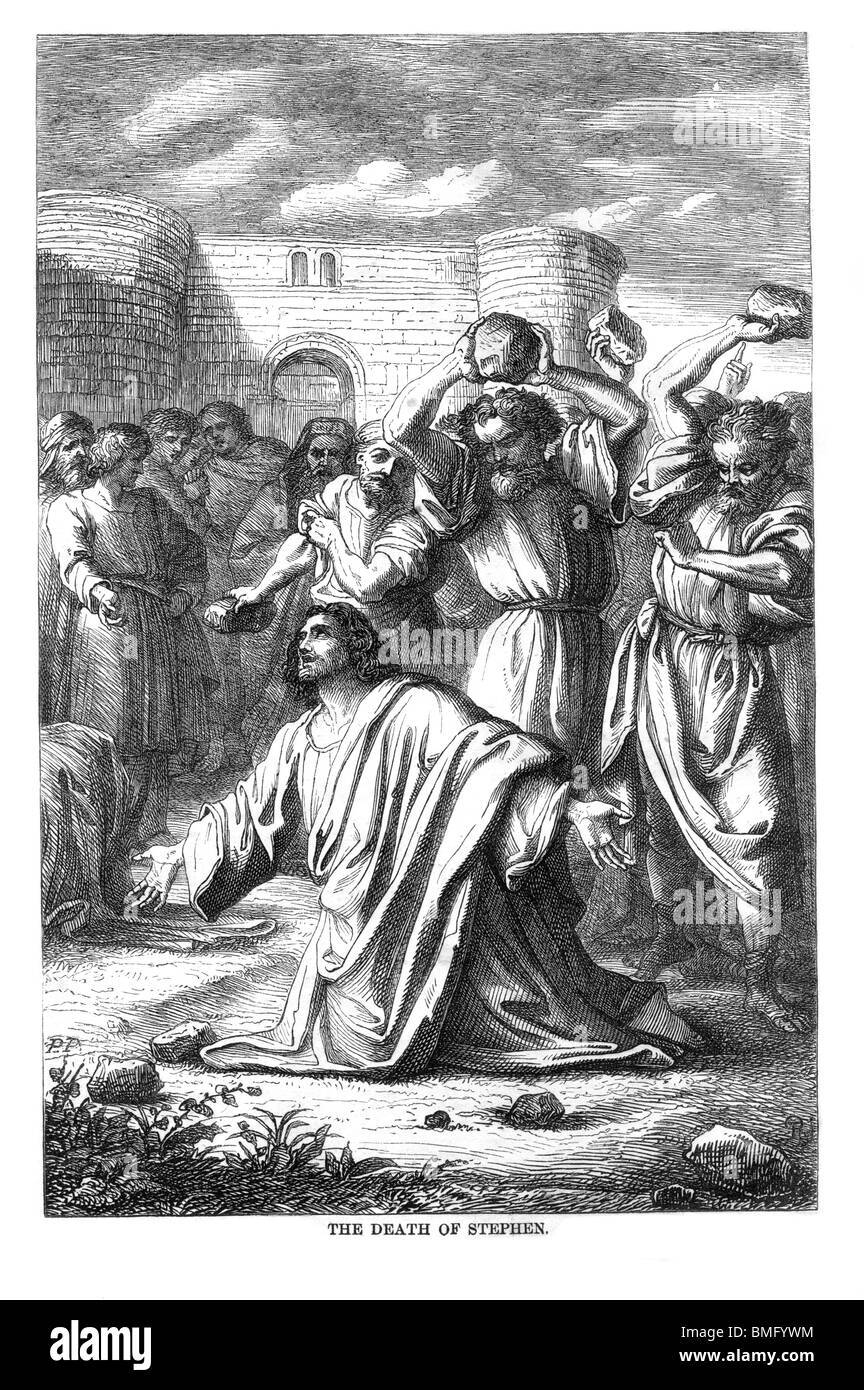Bianco e Nero illustrazione del martirio di Santo Stefano, il primo martire cristiano, la lapidazione Foto Stock