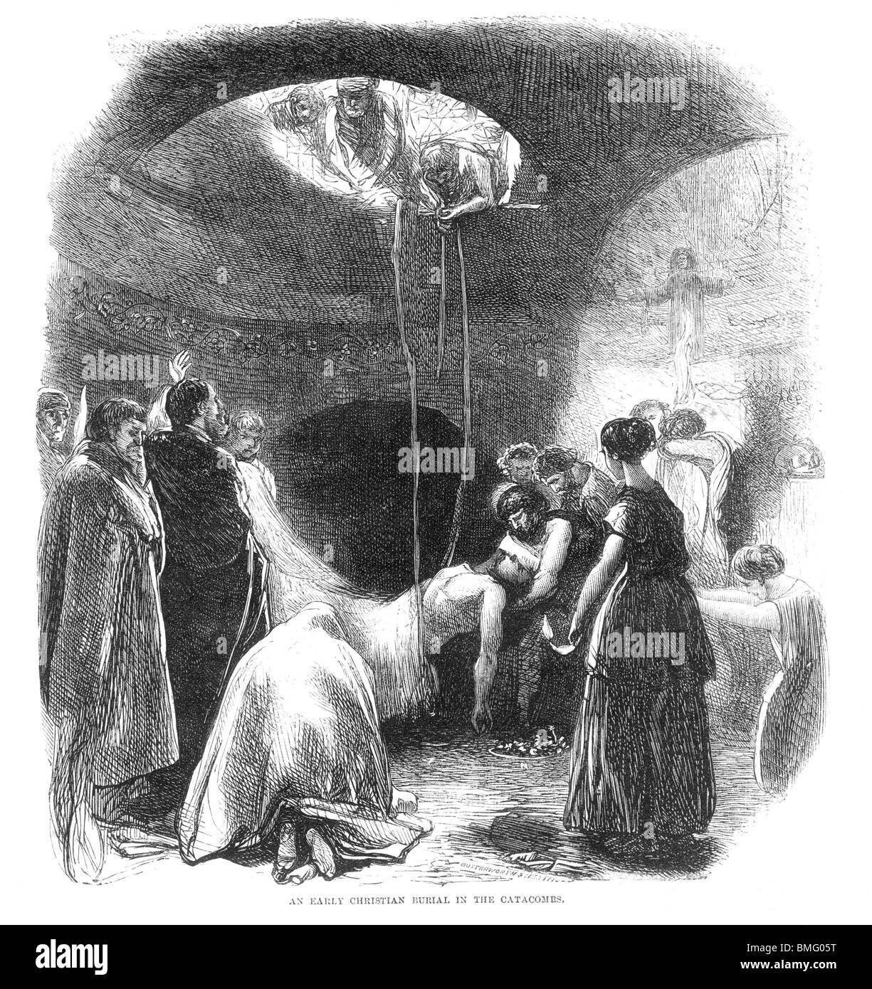 Bianco e Nero illustrazione di un inizio di cristiana sepoltura nelle Catacombe di Roma Foto Stock