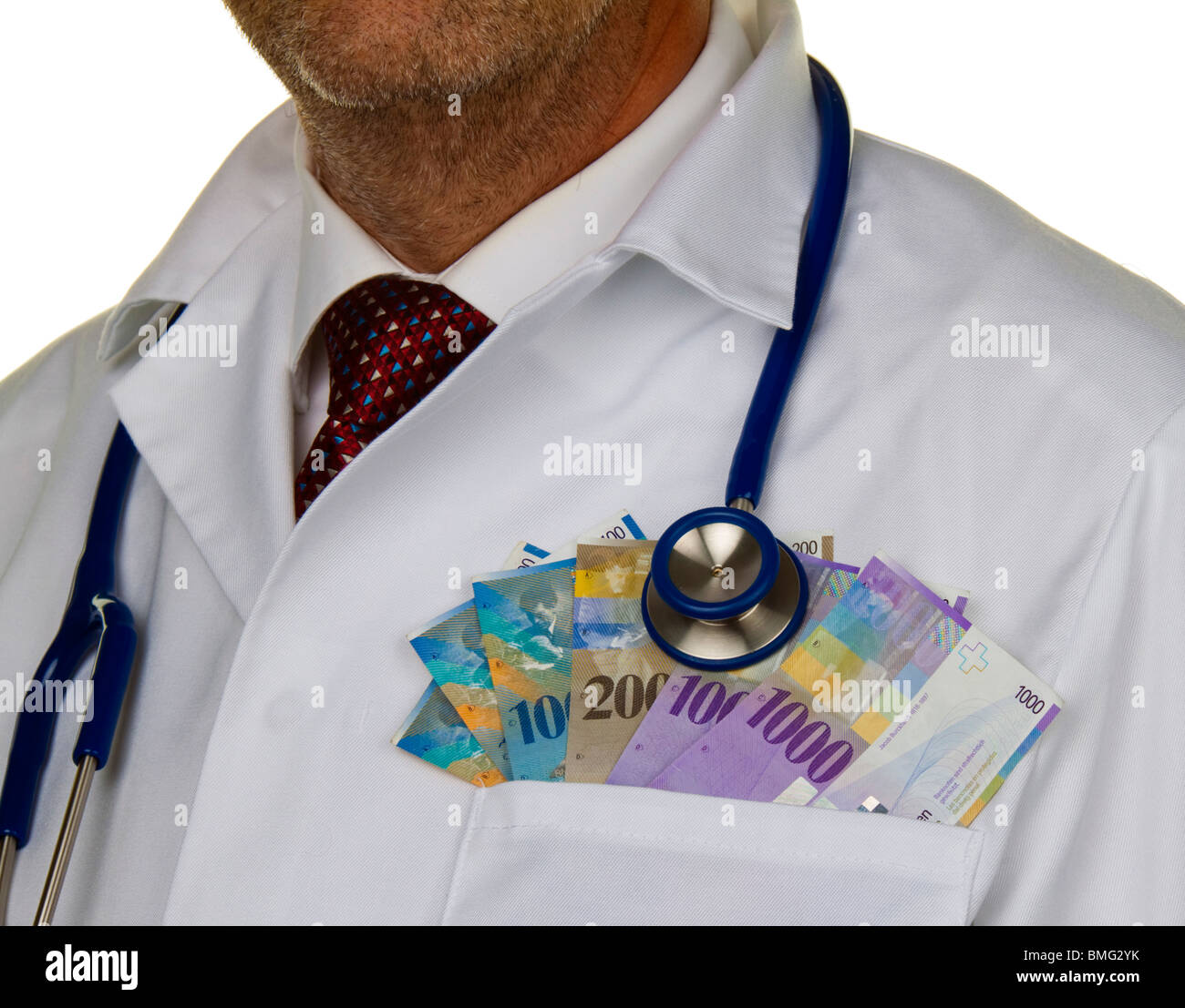 Un medico con Swiss Franc note Foto Stock