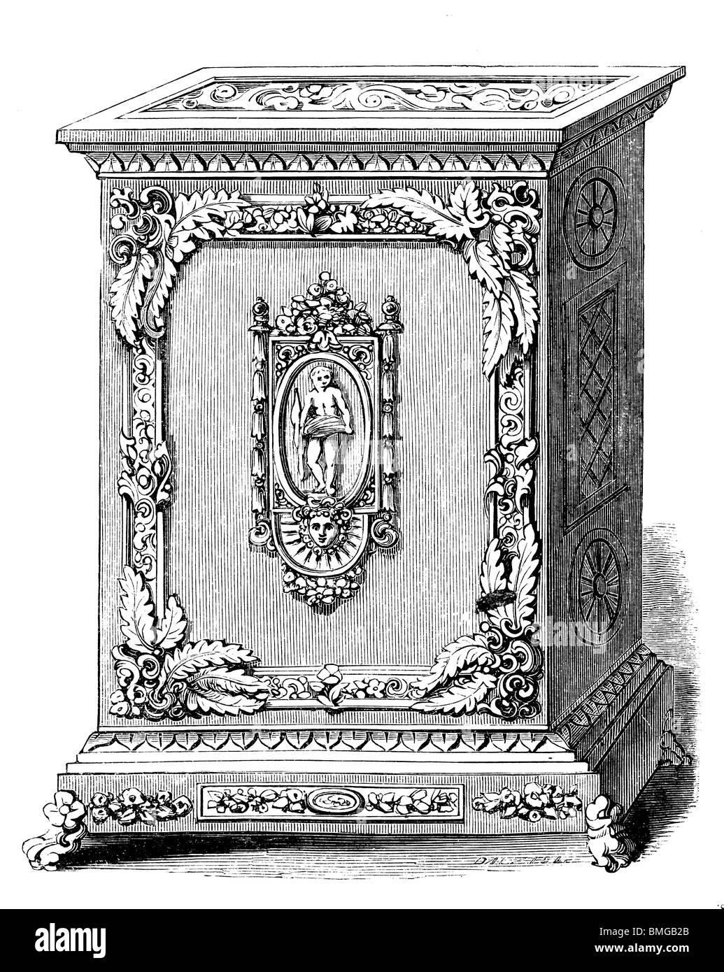 In bianco e nero di taglio per incisione fuori isolato su bianco. Illustrazione di un oggetto d'arte esposta presso la grande esposizione di Londra 1851. Foto Stock