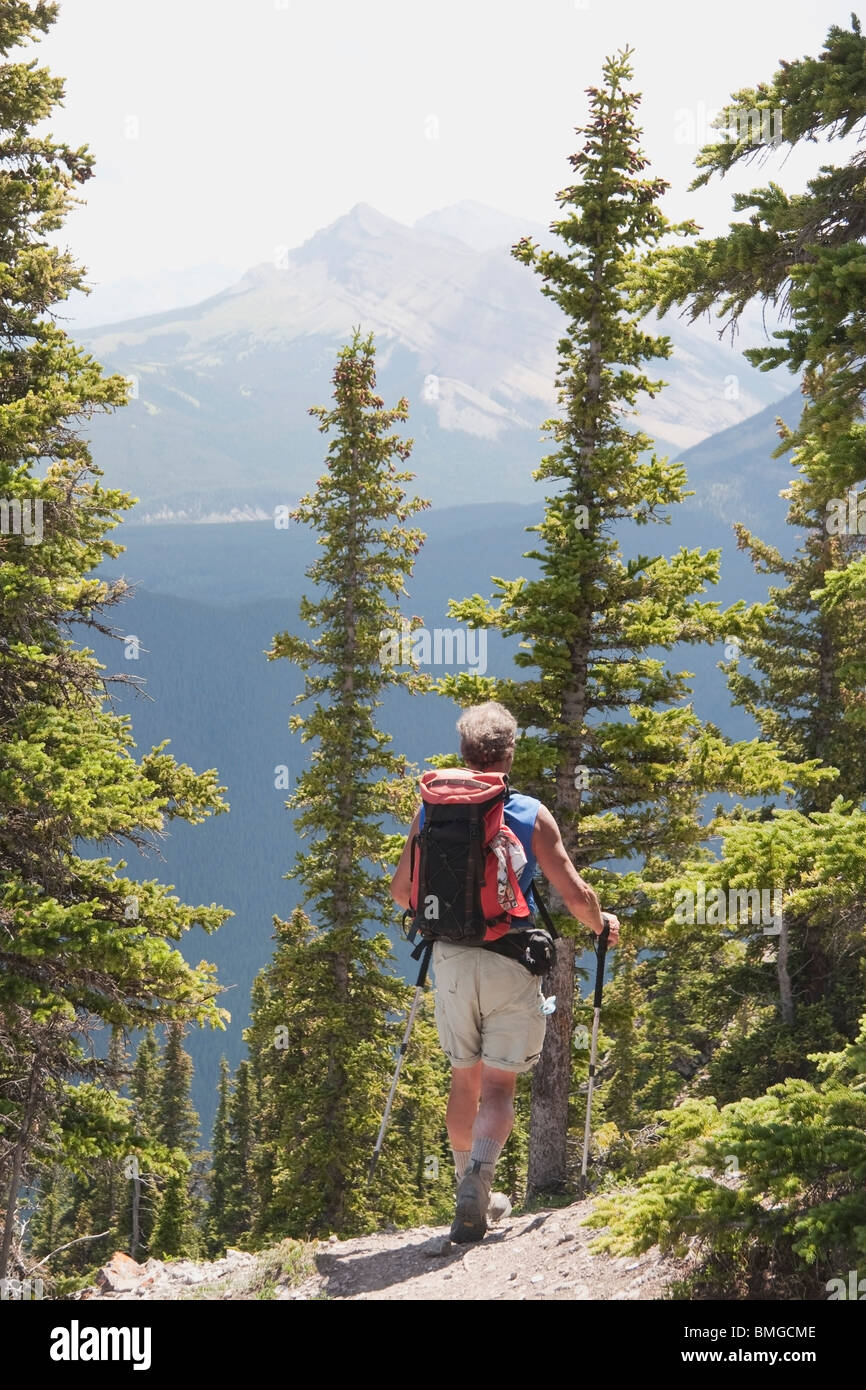 Paese di Kananaskis, Alberta, Canada; un maschio di escursionisti a piedi giù per un sentiero in cresta Nahahi Foto Stock