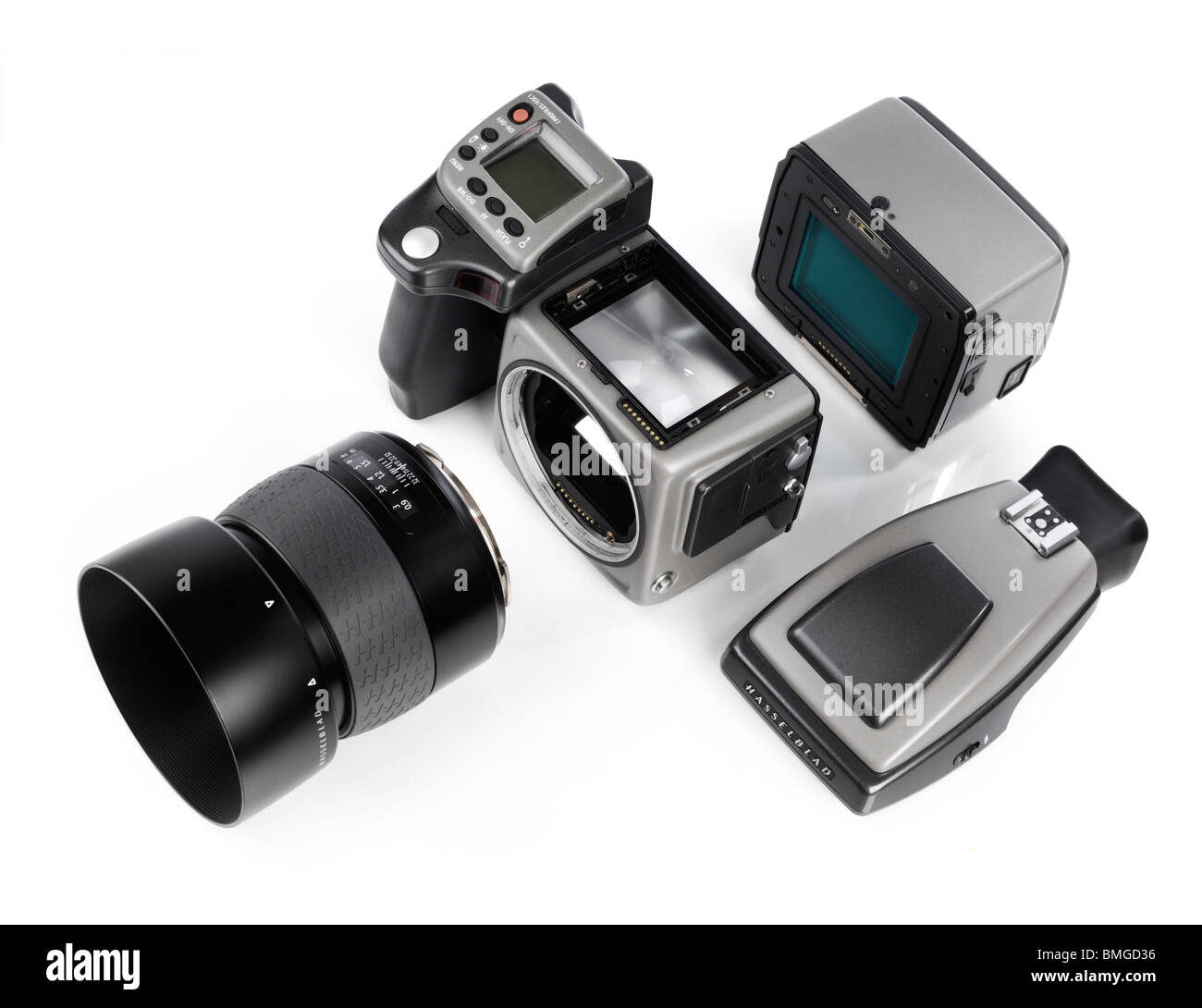 Hasselblad H3DII-39 medio formato fotocamera digitale con dorso digitale,  lente e mirino staccati dal corpo della telecamera Foto stock - Alamy