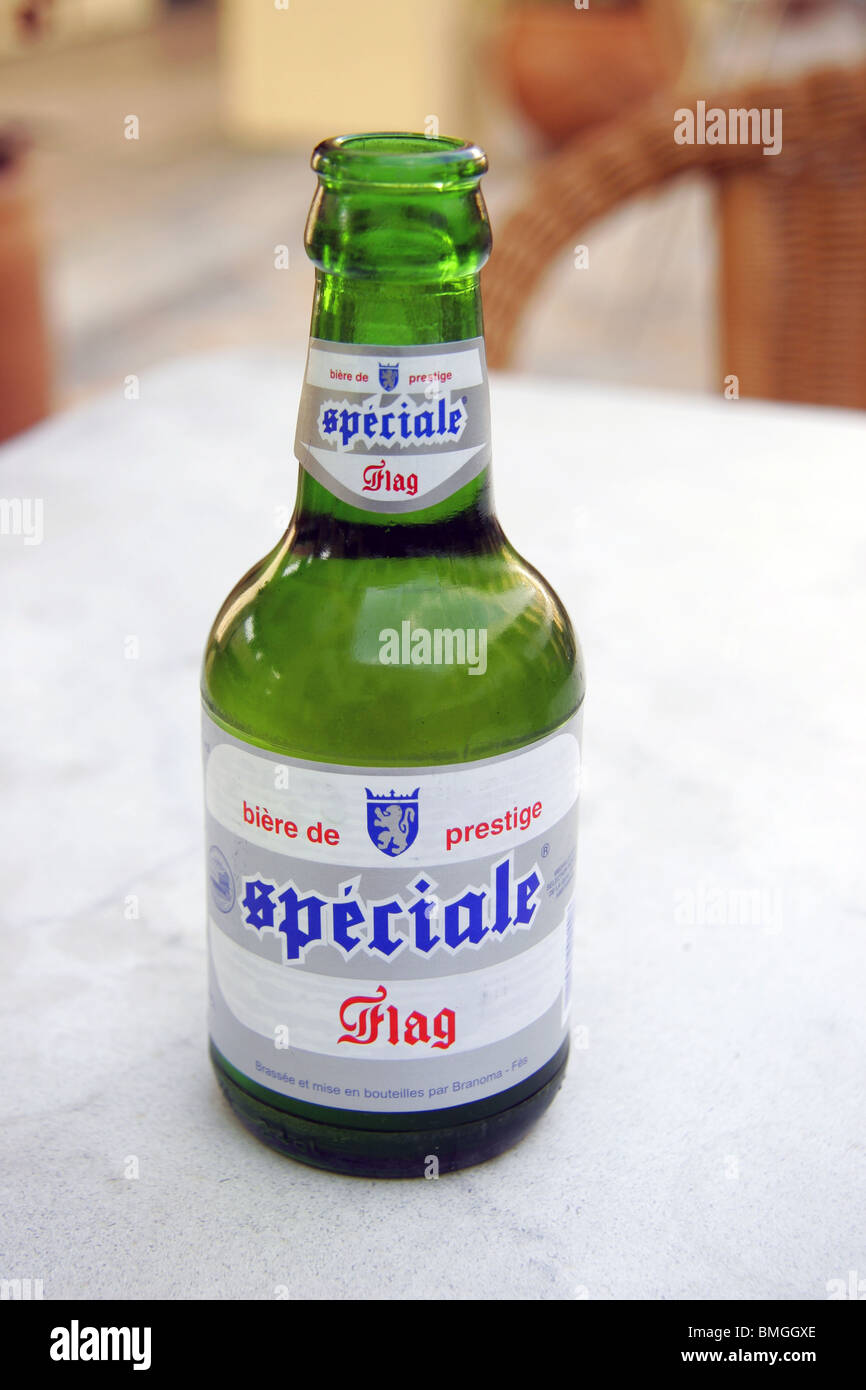 Bandiera del Marocco speciale birra è prodotta in Fes, Fez, in Marocco Foto Stock