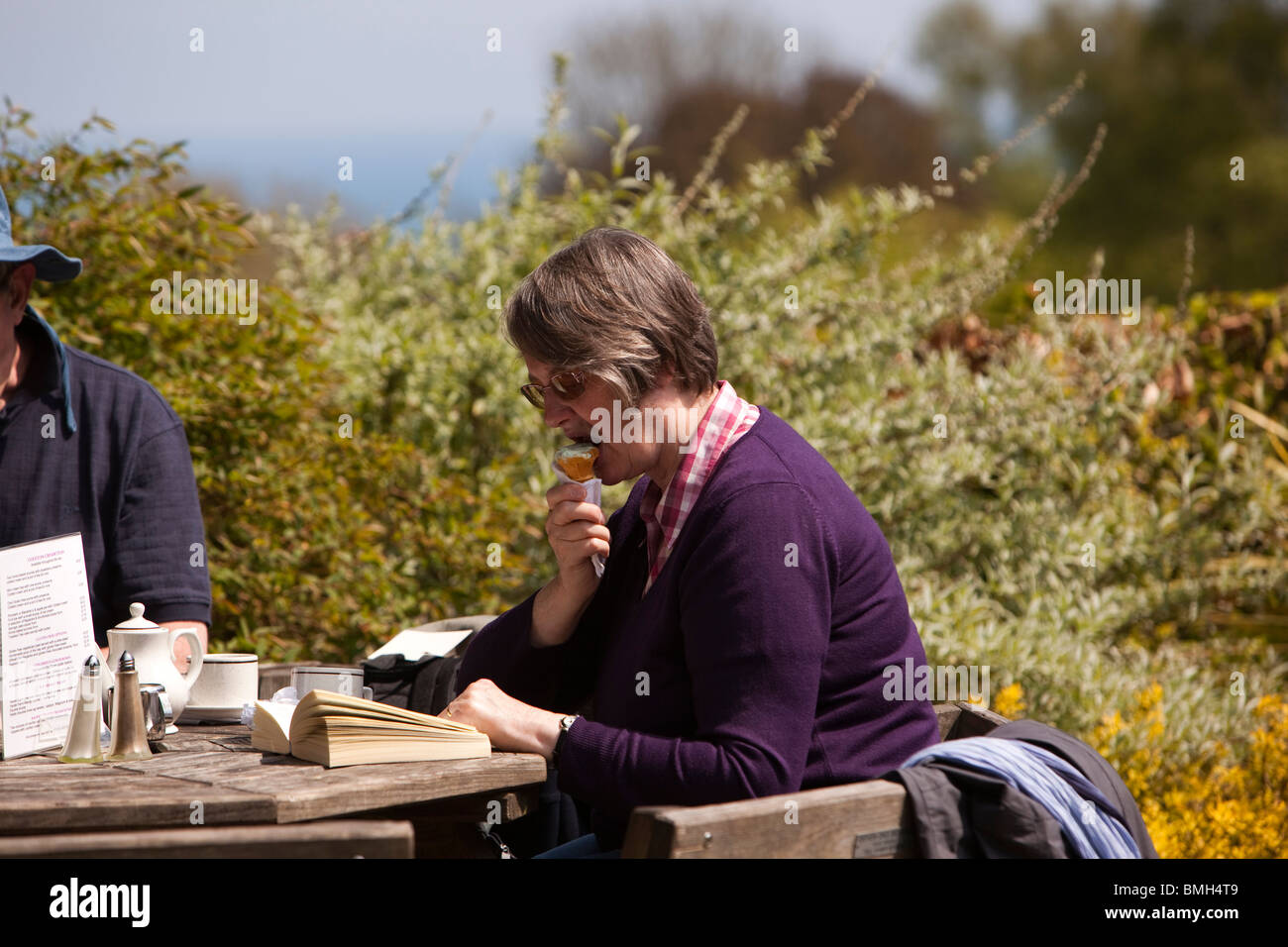 Regno Unito, Inghilterra, Devon, Brixham, Coleton Fishacre National Trust tea shop, donna a mangiare il gelato Foto Stock