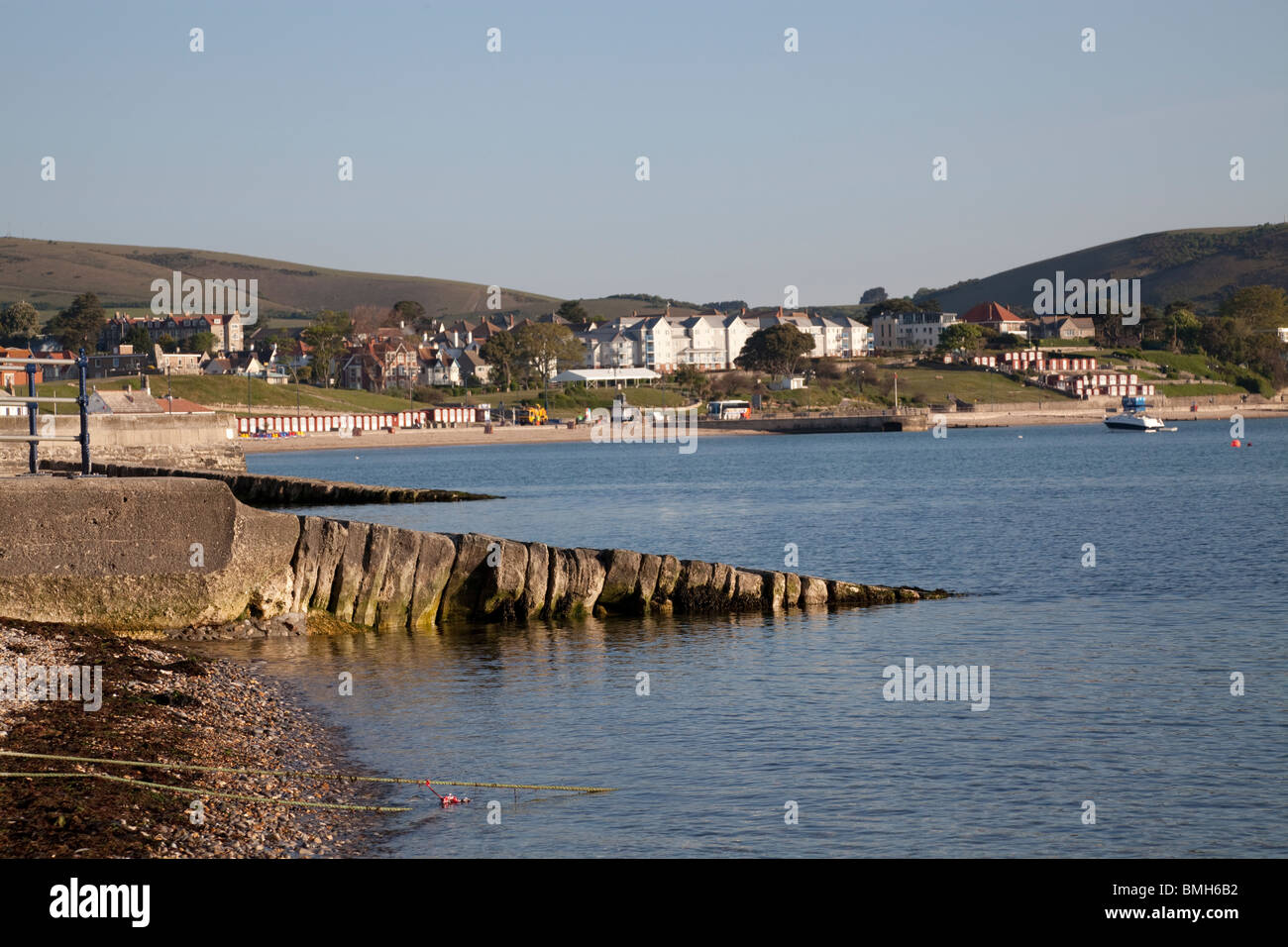 Pennelli di pietra e parete del mare a Swanage bay Foto Stock