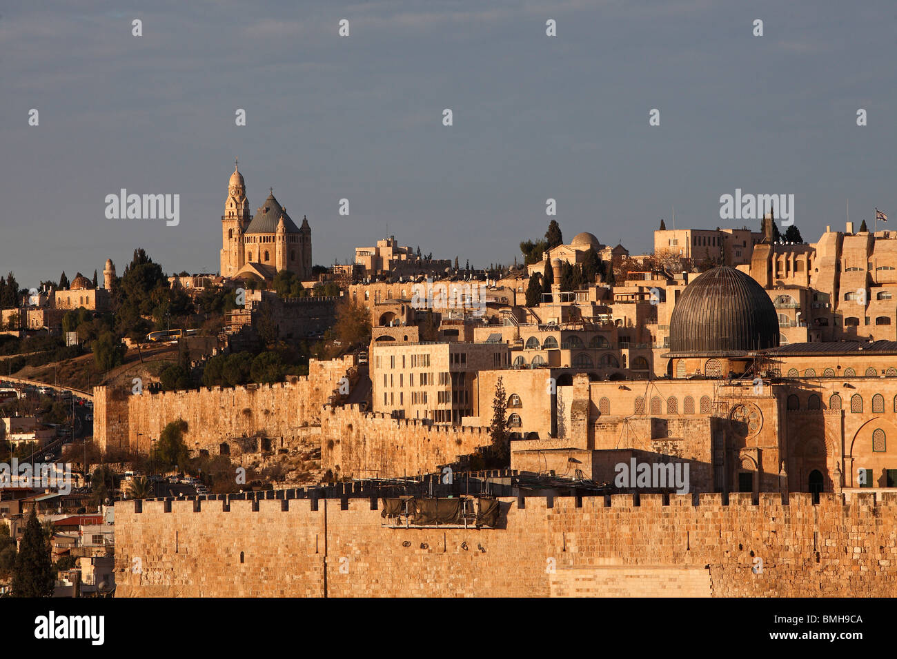 Israele,Gerusalemme,mura antiche della città,El Aksa Mosque,Mt. Sion,la chiesa della Dormizione Foto Stock