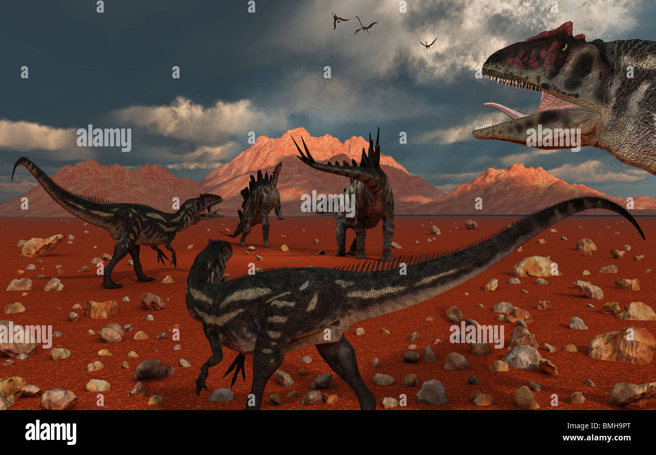 Allosaurus & Stegosaurus scontro. Foto Stock