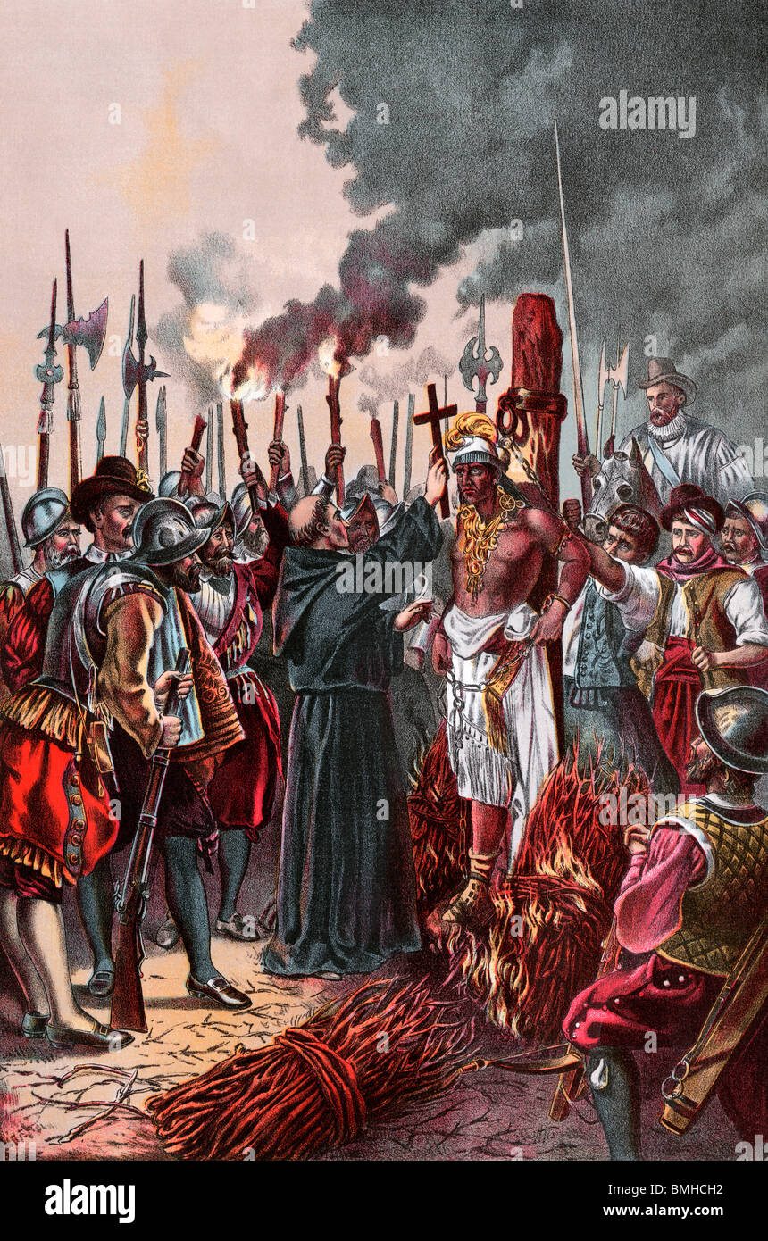 Conquistatori spagnoli sotto Pizarro la masterizzazione del capo Inca Atahualpa a morte. Litografia a colori Foto Stock