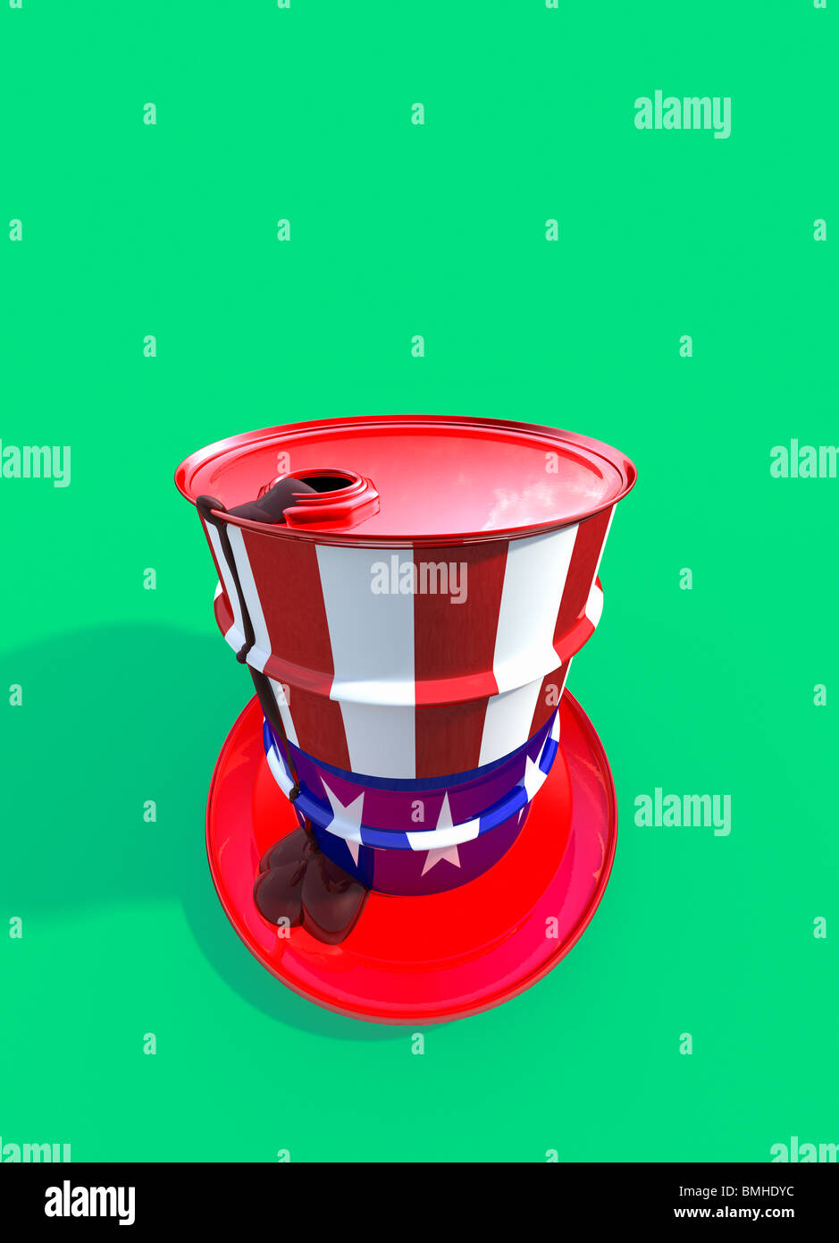 Lo zio Sam il tubo da stufa hat tamburo di petrolio con perdita sull orlo su sfondo verde. Foto Stock