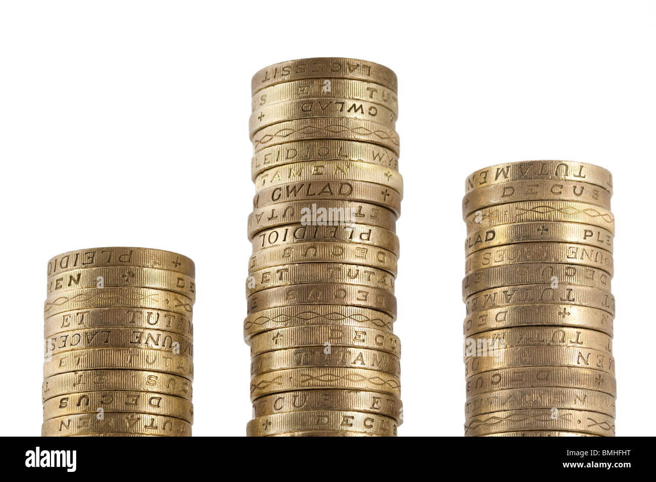 Valuta britannica Sterling Pound monete impilate Foto Stock