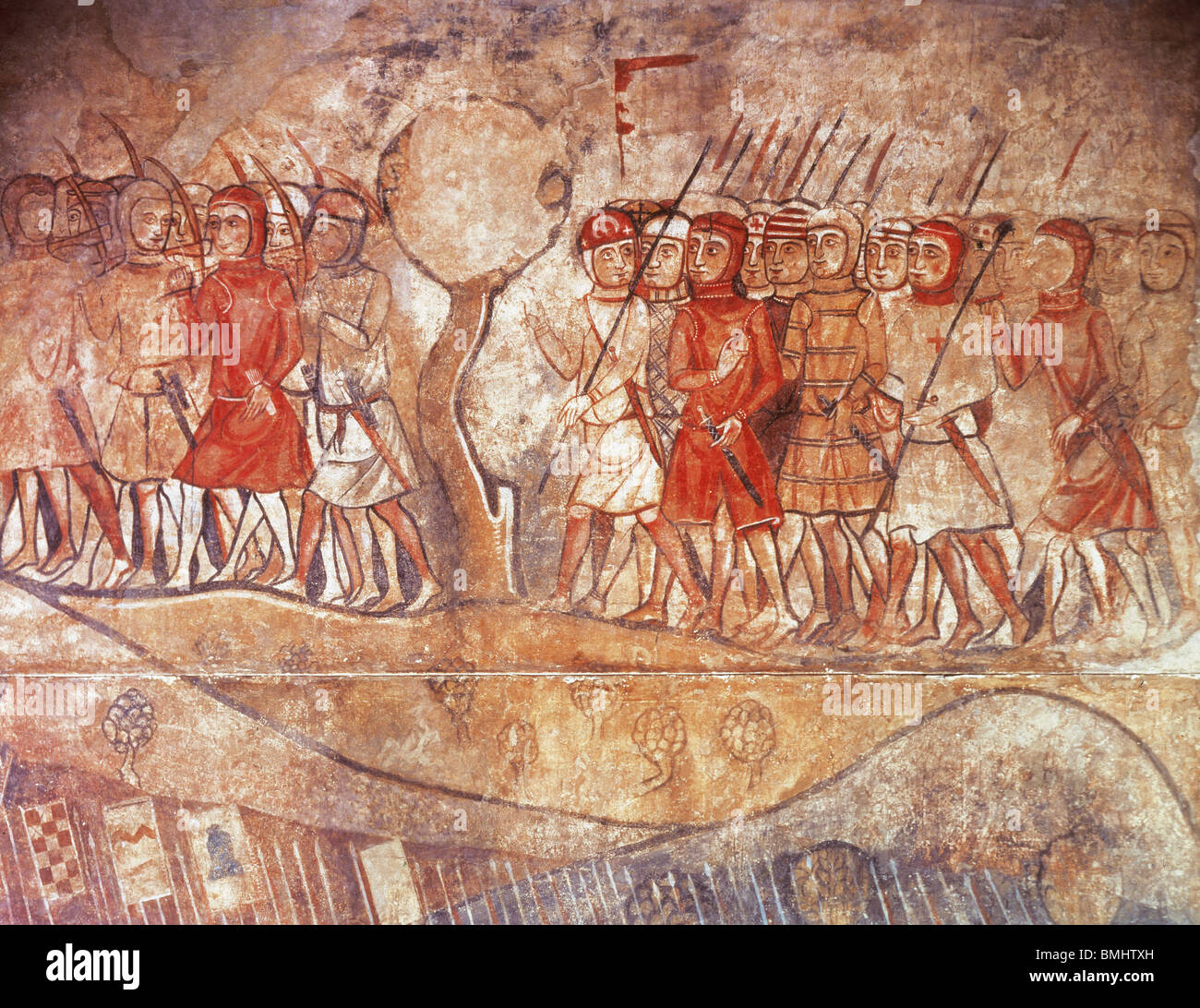 I soldati dell'esercito del re Giacomo I (1208-1276). Fanteria e arcieri. Dipinti murali di Tinell Hall. Barcellona. Spagna. Foto Stock