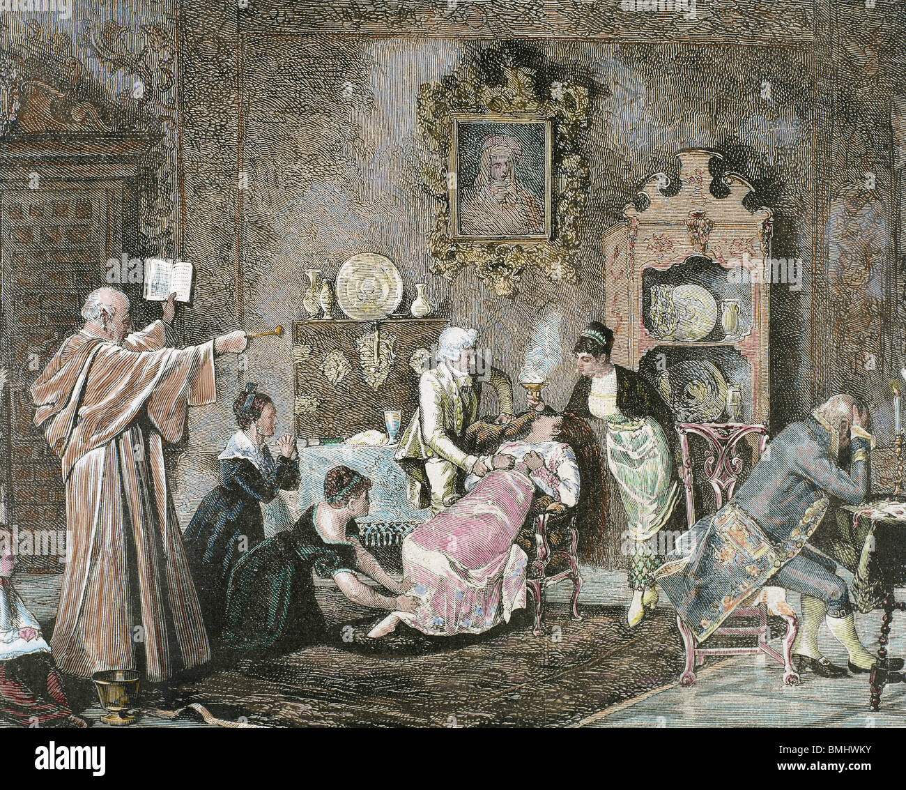 Esorcismo. Chierico facendo un incantesimo contro lo spirito del male. Incisione di registrato da C. Penoso (1878). Colorati. Foto Stock