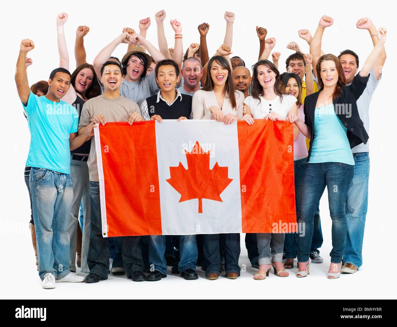 Gruppo di persone azienda bandiera canadese Foto Stock