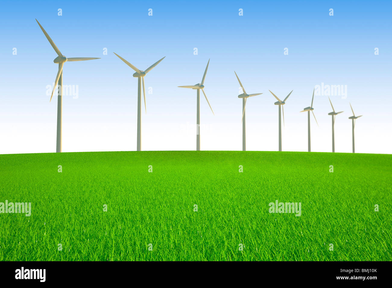 L energia eolica turbine sistema sul prato verde collina Foto Stock