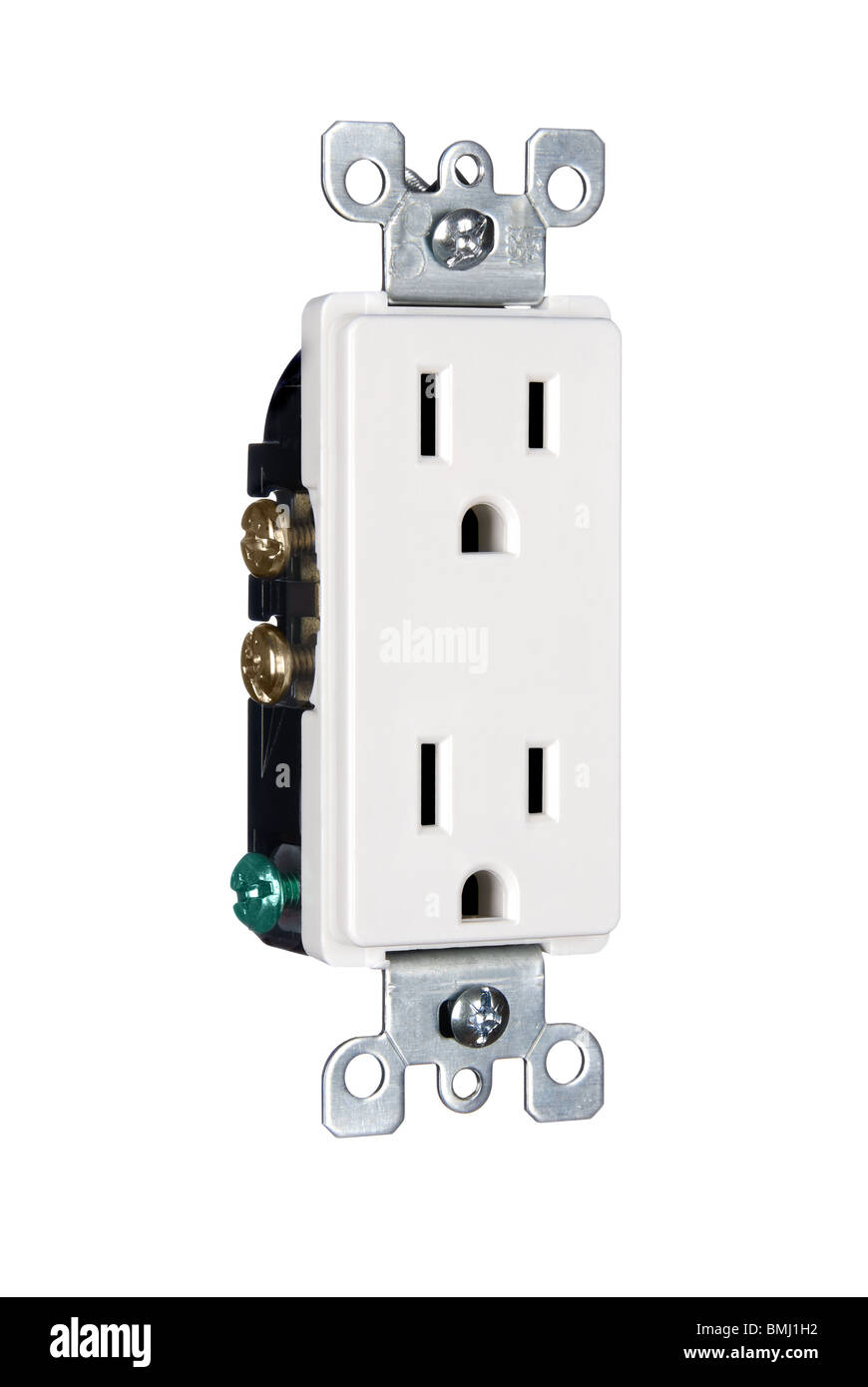 Un moderno 110 volt presa di alimentazione elettrica isolata su bianco Foto Stock