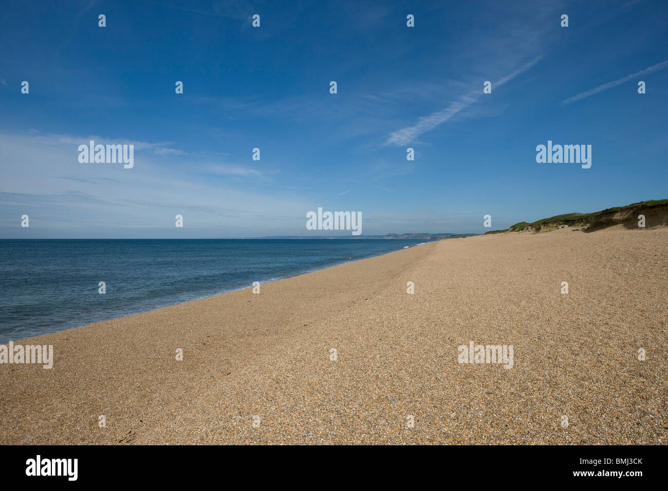 Chesil Beach in Dorset, Regno Unito - guardando ad ovest. Foto Stock