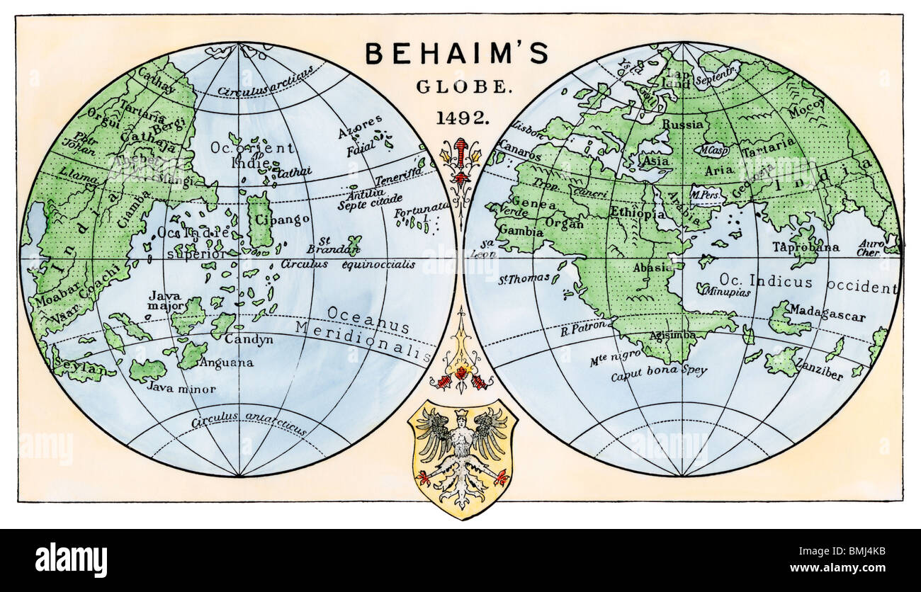 Schema del globo di Martin Behaim, senza il nuovo mondo, creato nel 1492. Colorate a mano la xilografia Foto Stock