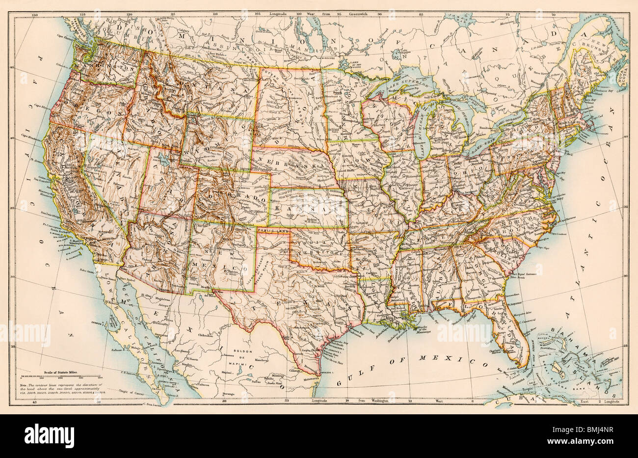 Mappa degli Stati Uniti, 1870s. Litografia a colori Foto Stock