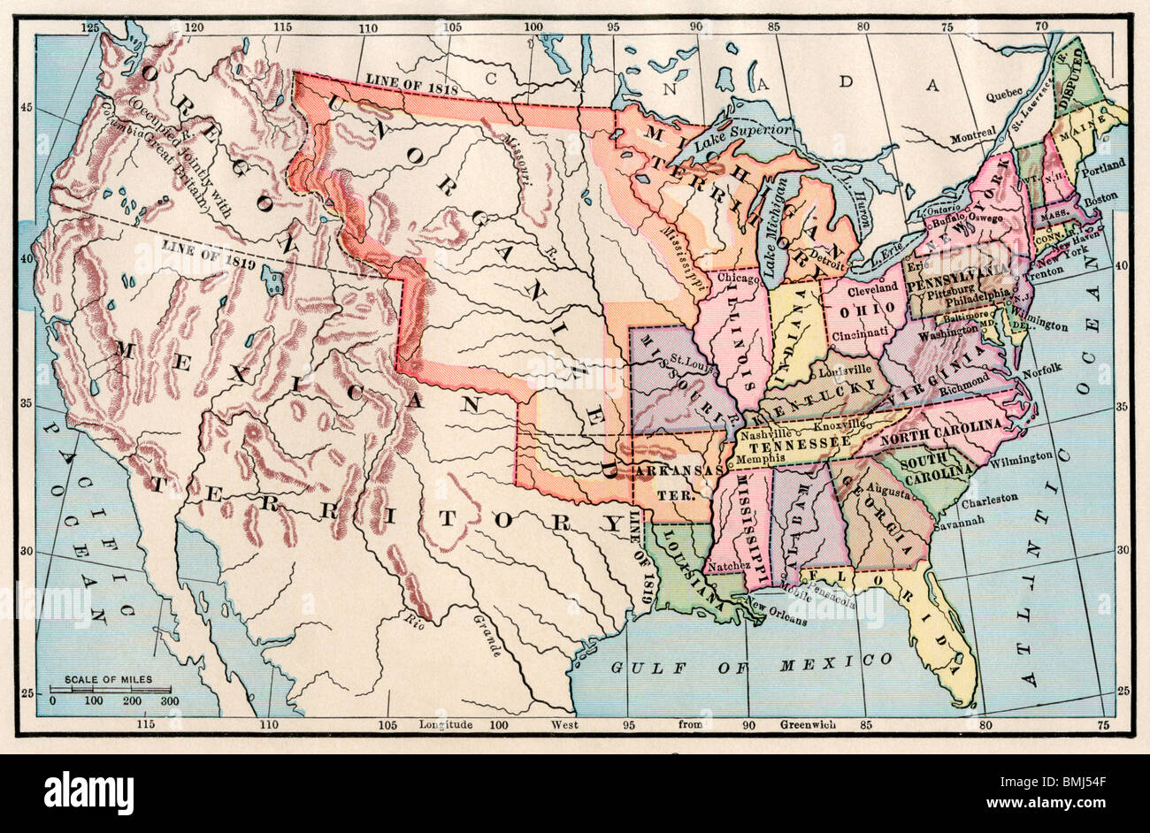 Mappa degli Stati Uniti in 1830. Litografia a colori Foto Stock