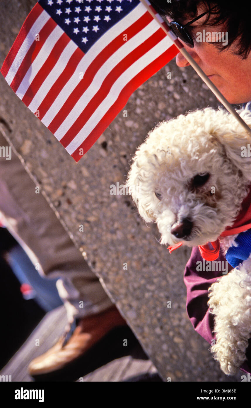 Piccola città patriottica celebrazioni parata americana bandiera americana orgoglio folla di spettatori Foto Stock