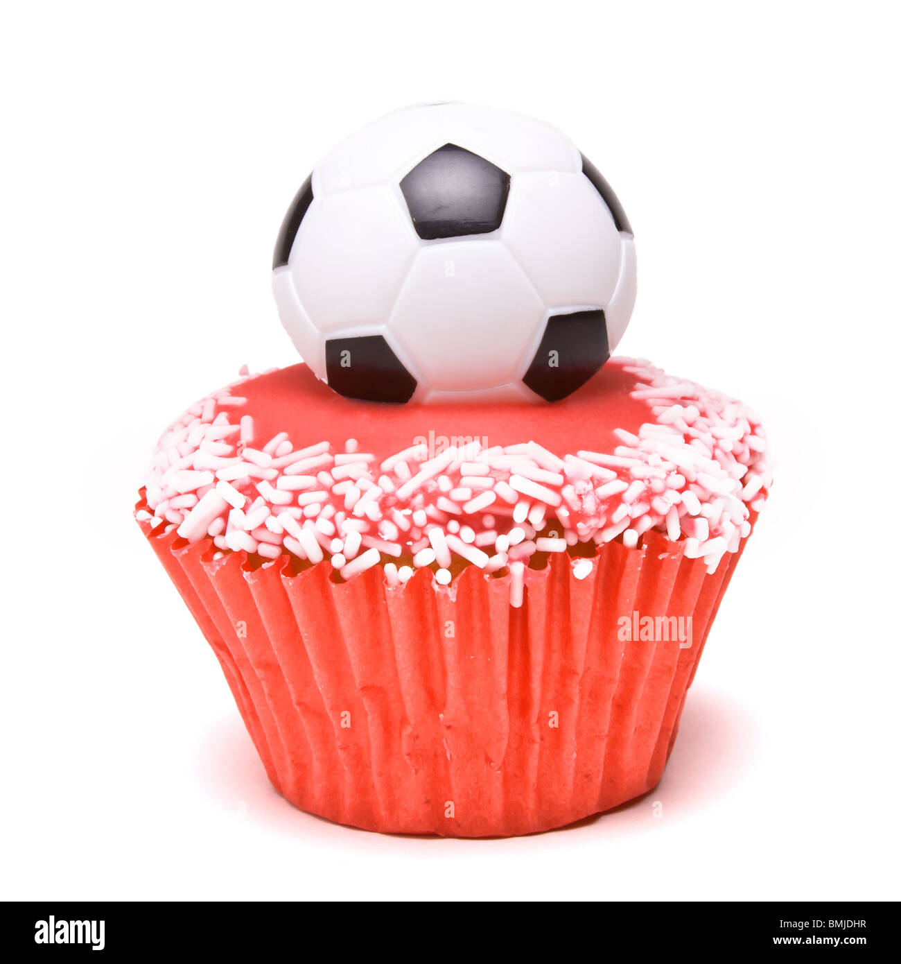 Soccer Cup Cake nei colori dell'Inghilterra di colore rosso e bianco per i tifosi di calcio. Foto Stock