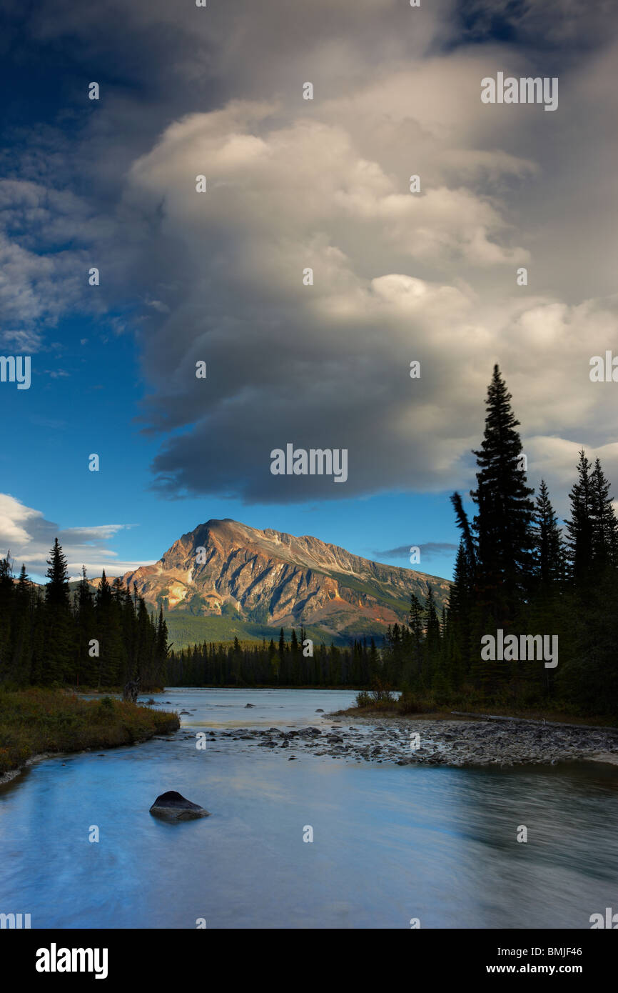 L'Athabasca River alla riunione delle acque, con Mt Hardisty oltre, il Parco Nazionale di Jasper, Alberta, Canada Foto Stock