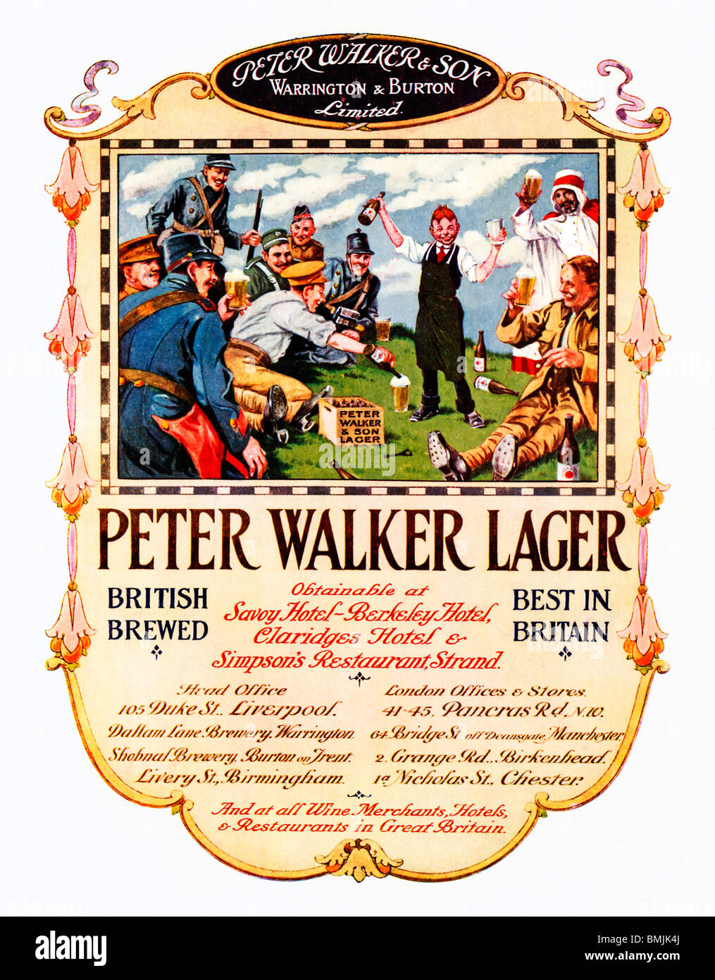 Peter Walker Lager, 1919 annuncio pubblicitario per il Liverpool, Warrington e Burton Brewery, con una raffinata miscela di soldiery quaffing birra Foto Stock