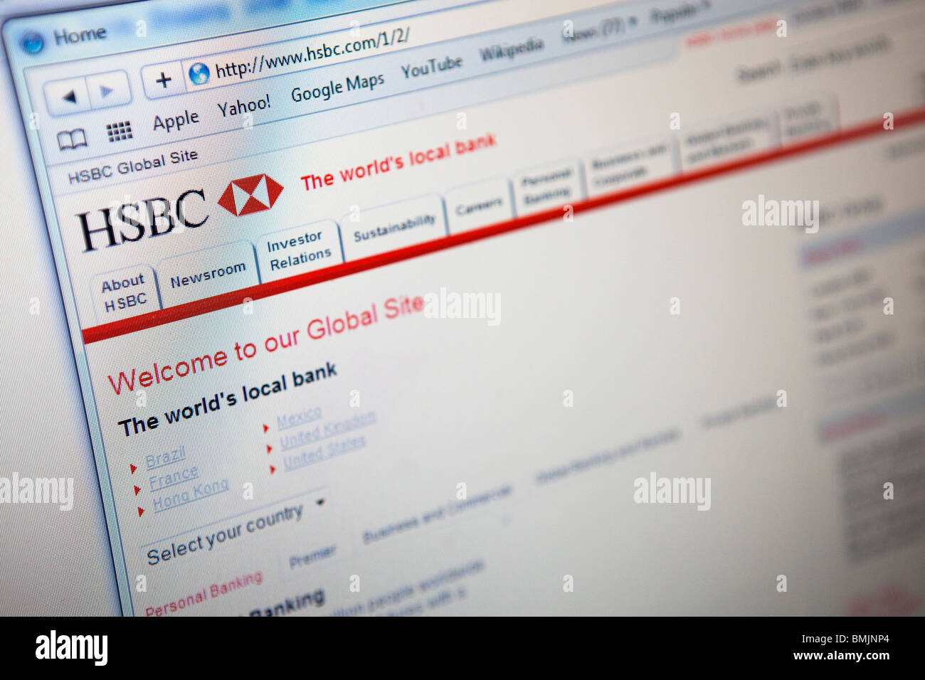 Close up di un monitor di computer / lo schermo che mostra il sito Web HSBC Foto Stock