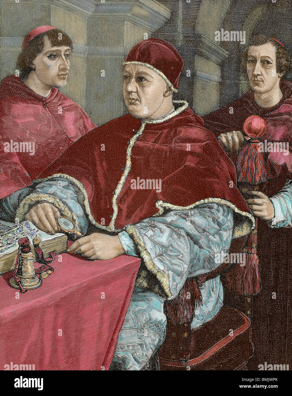 Leone X (1475-1521). Papa fiorentino (1513-21), che prende il nome di Giovanni de'Medici. Leone X, con la sua cardinali Medici e Rossi. Incisione. Foto Stock